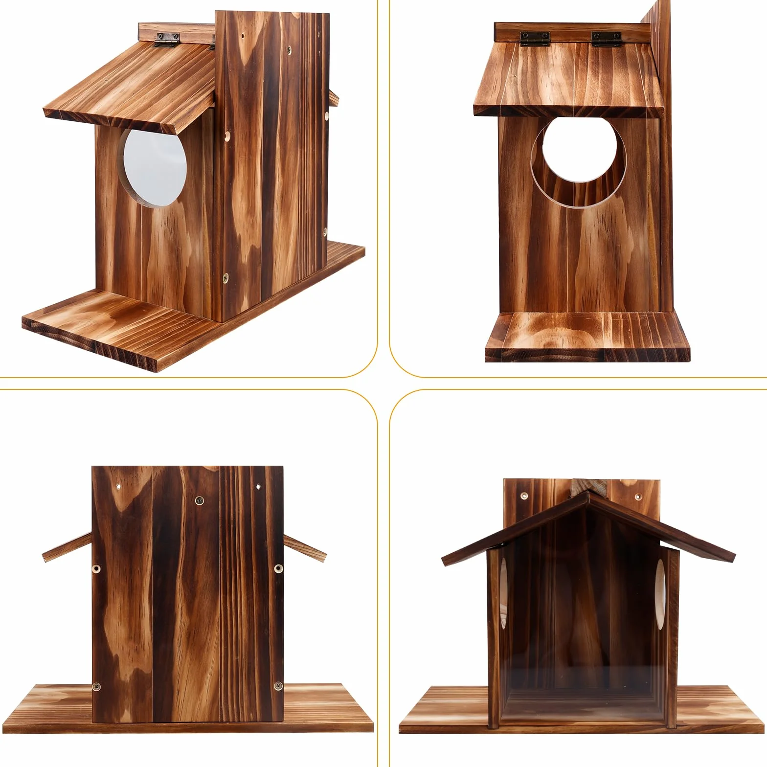 Comedero de madera para ardillas, resistente a la intemperie, con 2 entradas y plataformas de asiento, casa para ardillas