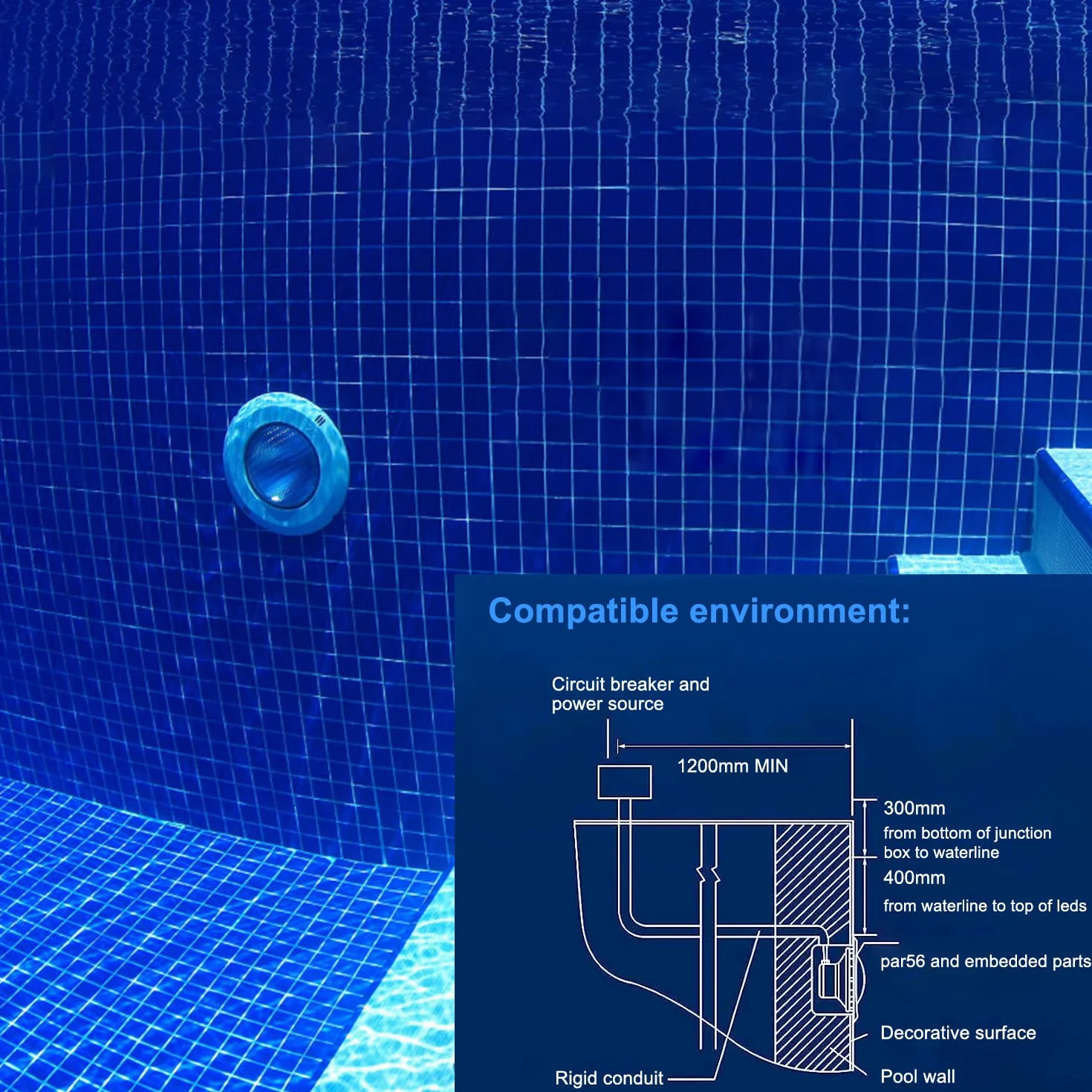 LED Proyector piscina Par56, iluminación de resina 20W 6000K, lámpara submarina IP68 PC, AC/DC 12V