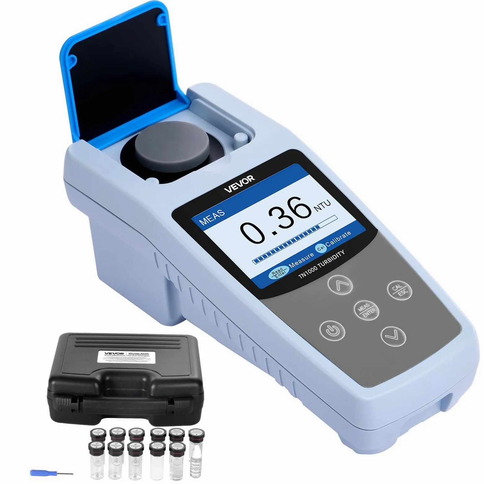VEVOR Turbidímetro Portátil Rango de Medición 0-1000 NTU Medidor de Turbidez de Luz Roja, Lectura Rápida, con Soluciones de Calibración, Viales de Muestra, Estuche de Transporte, para Campo, Planta