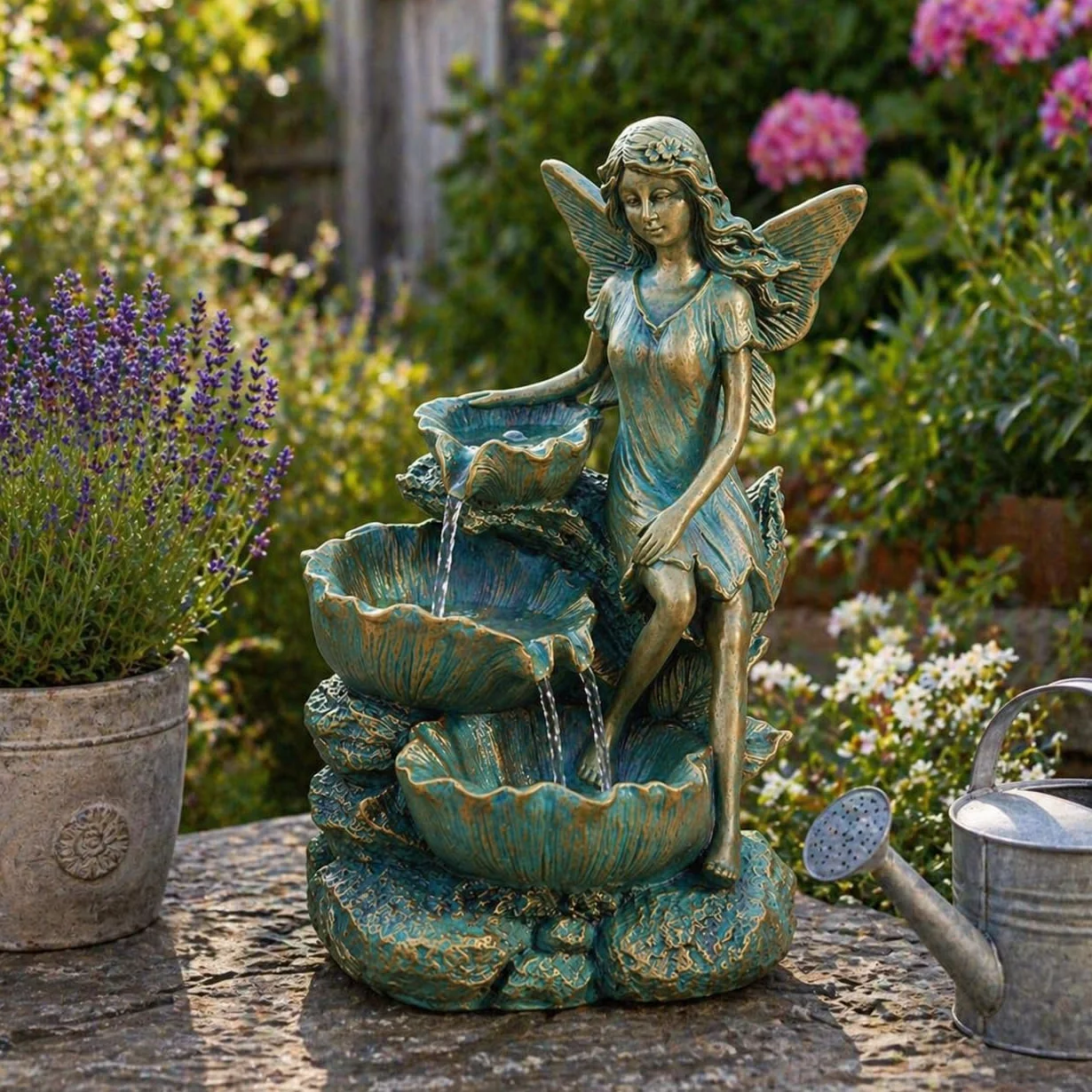 Festive Lights Fuente solar LED de 41 cm, con diseño de hadas, cascada, funciona con energía solar, para interior y exterior, fuente solar para exterior, jardín de bronce