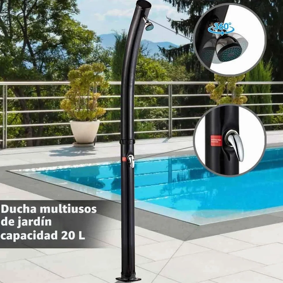 BAKAJI Ducha Solar para jardín, Piscina Exterior, Camping, depósito de 20 litros con alcachofa Ajustable, Mezclador de Agua Caliente, conexión Manguera de jardín, tamaño 214 x 11,5 x 11,5 cm