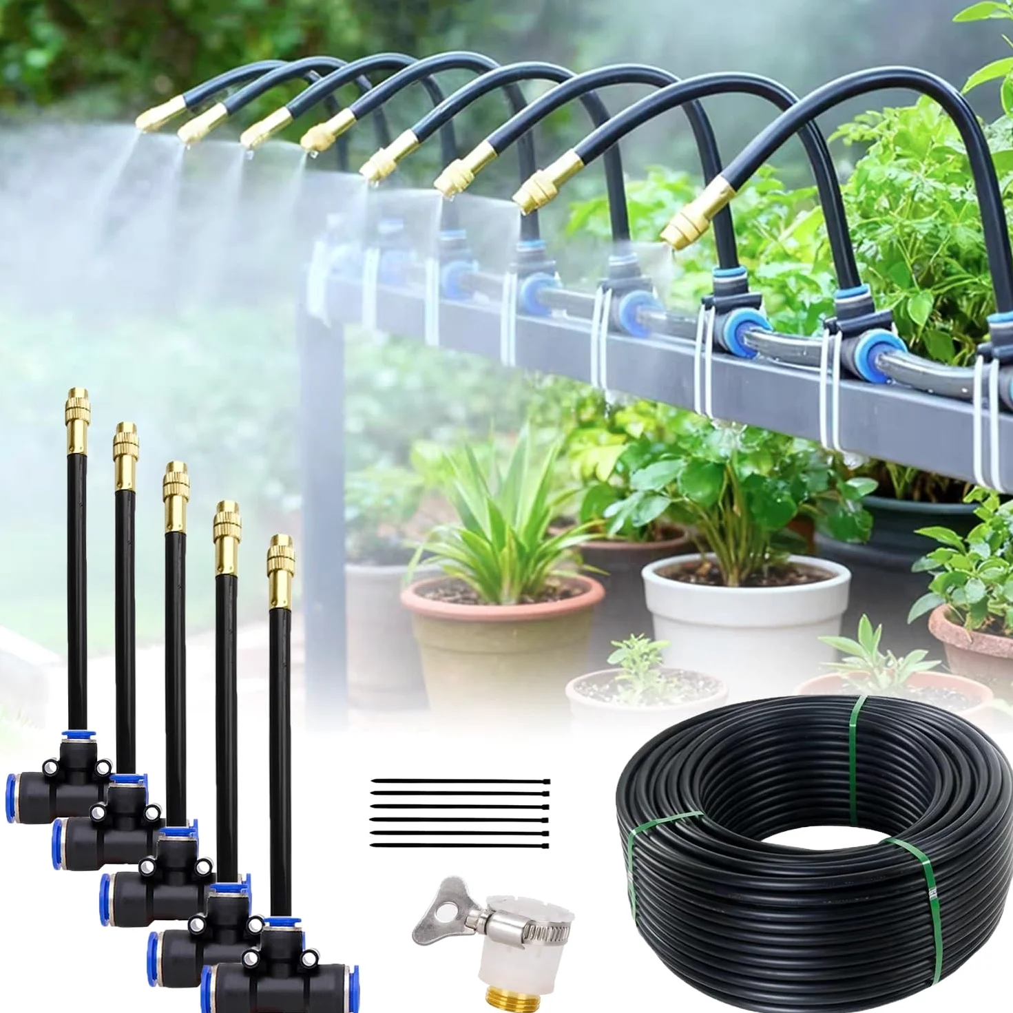 Kit de sistema enfriamiento por nebulización PE | Sistema de enfriamiento de nebulización de varios tamaños negros for patio al aire libre(20m/65.6ft)