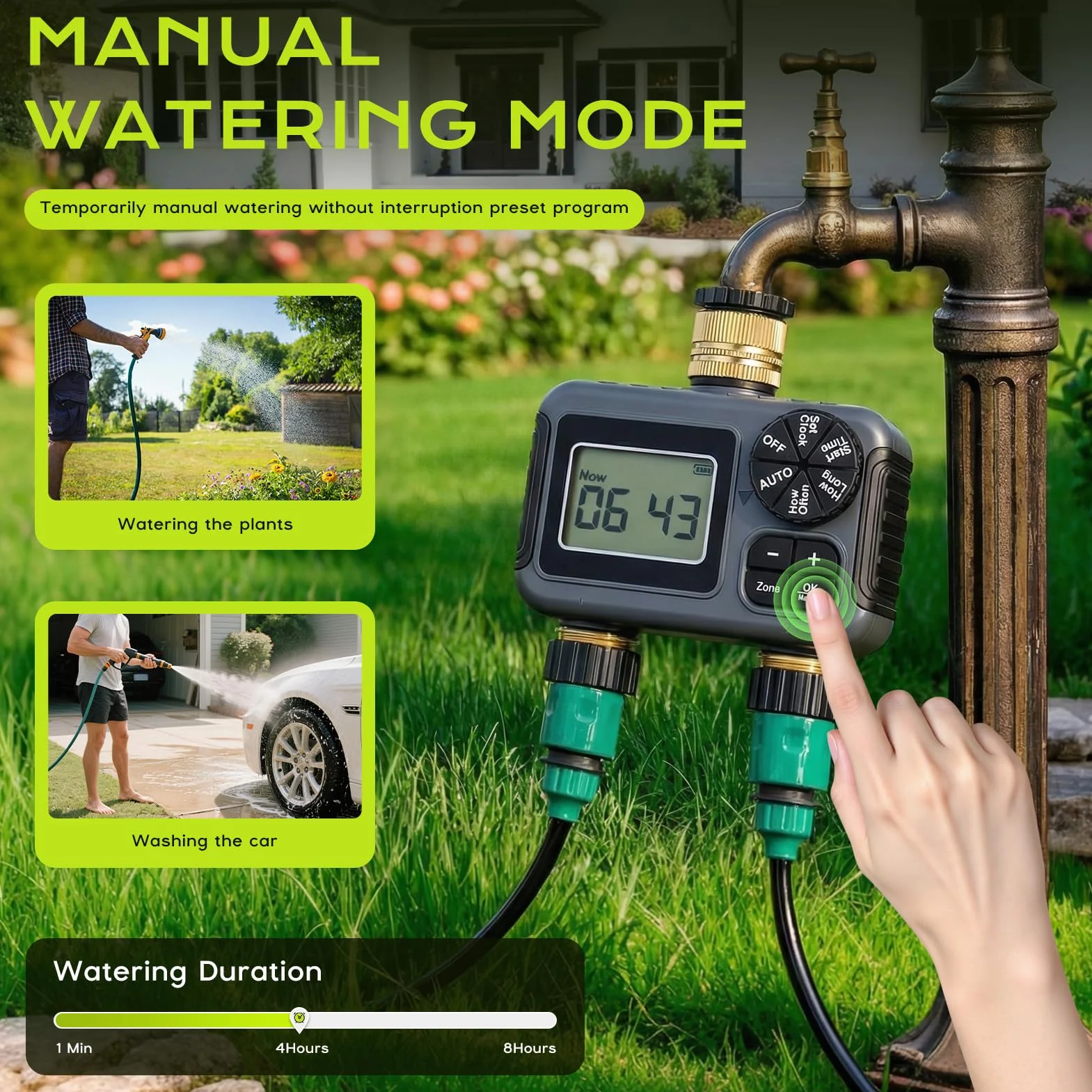 Programador de Riego 2 Salidas, IPX5 Impermeable Temporizador Riego con Entrada y Salida de Latón, Retardo por Lluvia, Riego Automático y Manual, Programador Riego a Pilas para Jardín Césped