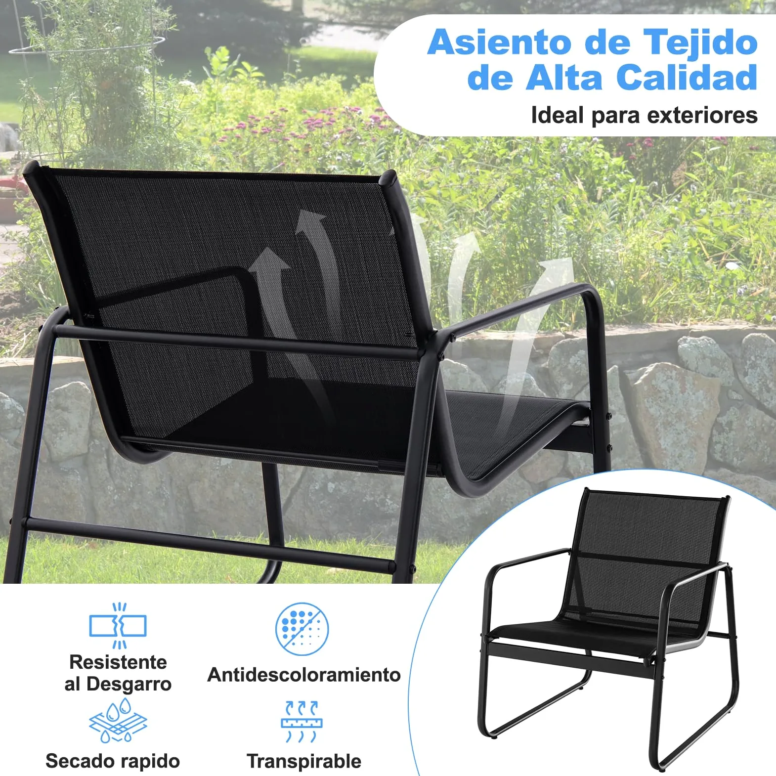 COSTWAY Conjunto Mesa y Sillas Jardin 3 Piezas, Conjunto Jardin Exterior Mesa y Sillas, 2 Siilas de Tela Transpirable y 1 Mesa Encimera de Vidrio Templado,Terraza Balcón (Negro)