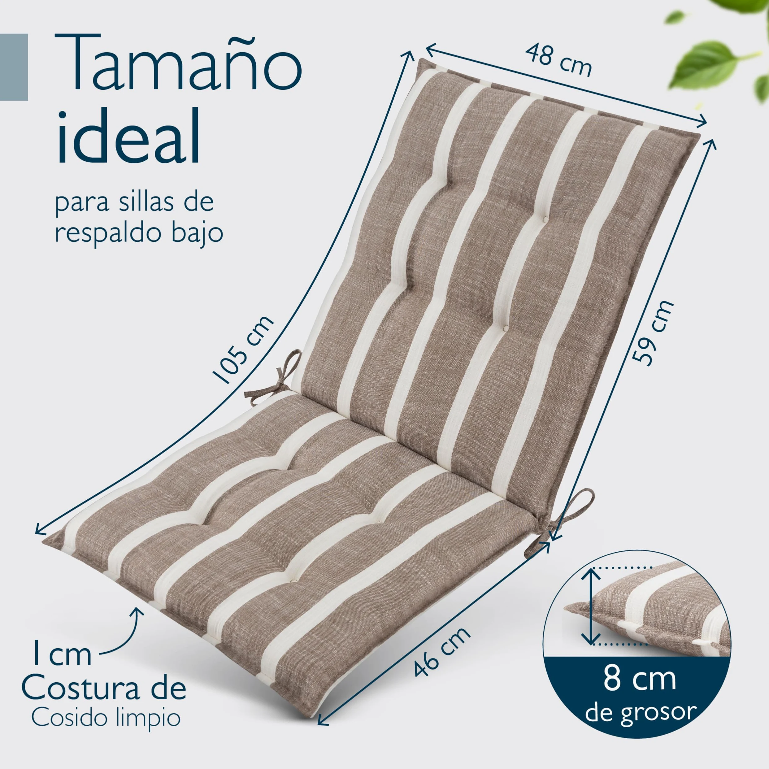 Beautissu Set 6 Premium Cojin Silla Jardín con Respaldo Bajo 100x50cm Sun-NL – Resistencia UV 8cm Grosor Acolchado Cojín Exterior con Respaldo Antideslizante – Rayas Beige Blanco