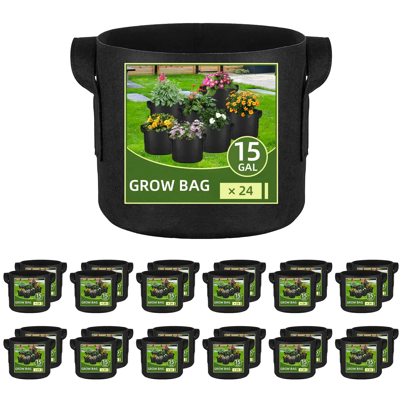 Paquete de 24 bolsas de cultivo de 15 galones, macetas de tela de aireación gruesa resistente con asas para verduras/flores/plantas