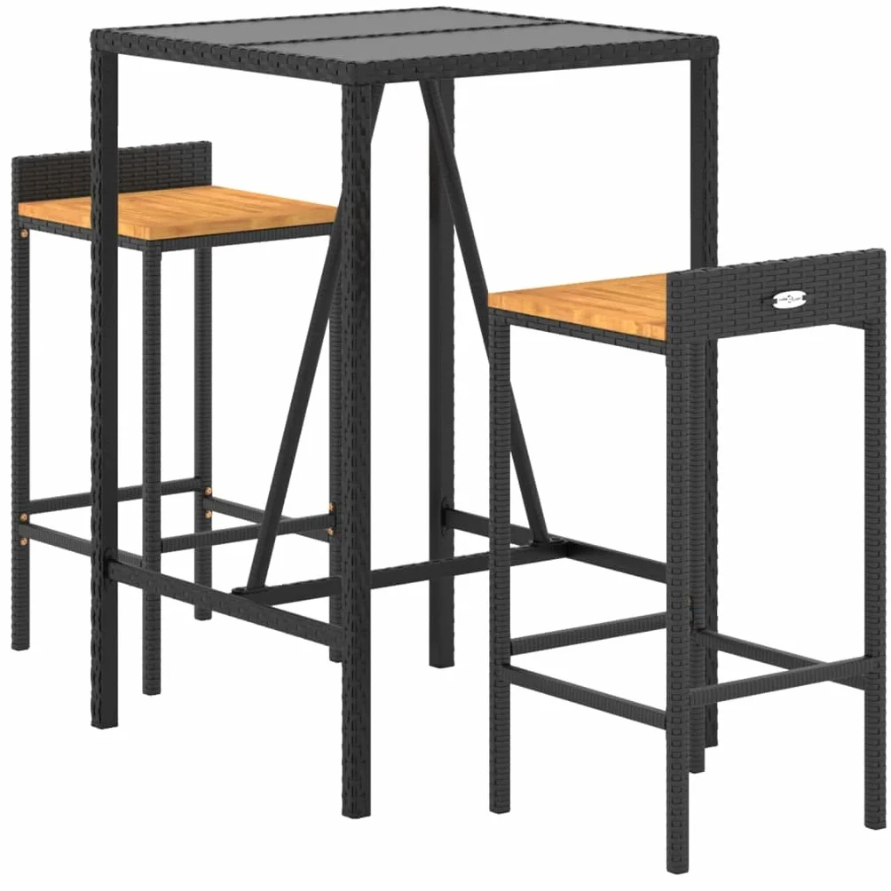 vidaXL Mesa Bar y taburetes jardín 3 pzas Madera Acacia ratán PE Negro, Mesa y taburetes Altos de jardín, Juego de Mesa y taburetes Altos, Muebles de jardín