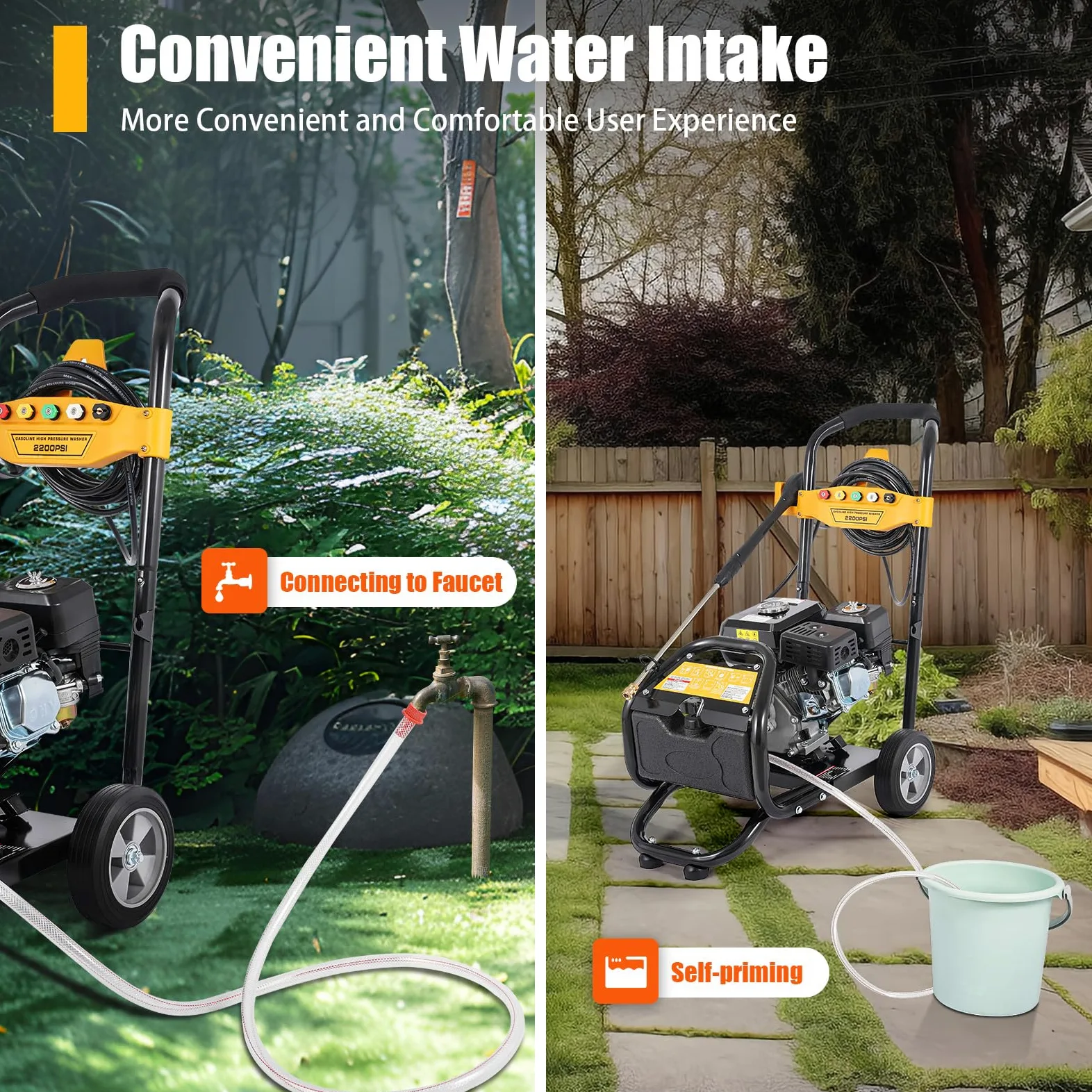 Limpiador de alta presión de gasolina de 2200 PSI Pressure Washer, 7,5 CV 3400 rpm, limpiador de alta presión con manguera de 8 m + 5 boquillas, autocebante + conector de grifo, para coche, patio o