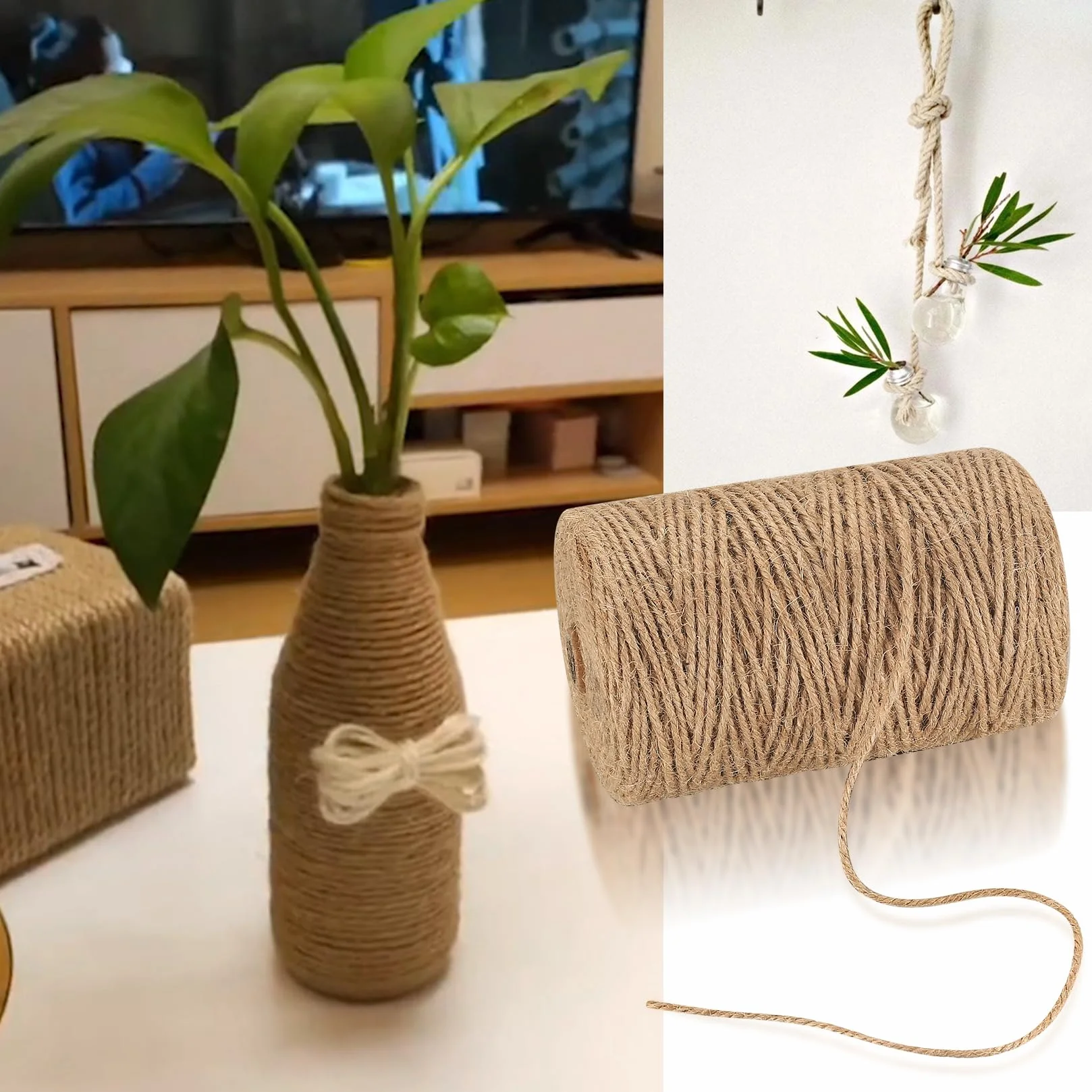 Cuerda de Yute, 3mm x 200m Cuerda de Cáñamo Natural, Rollo de Corde Yute para Embalaje, Decoración, Jardinería, Fotos, Regalos, Manualidades
