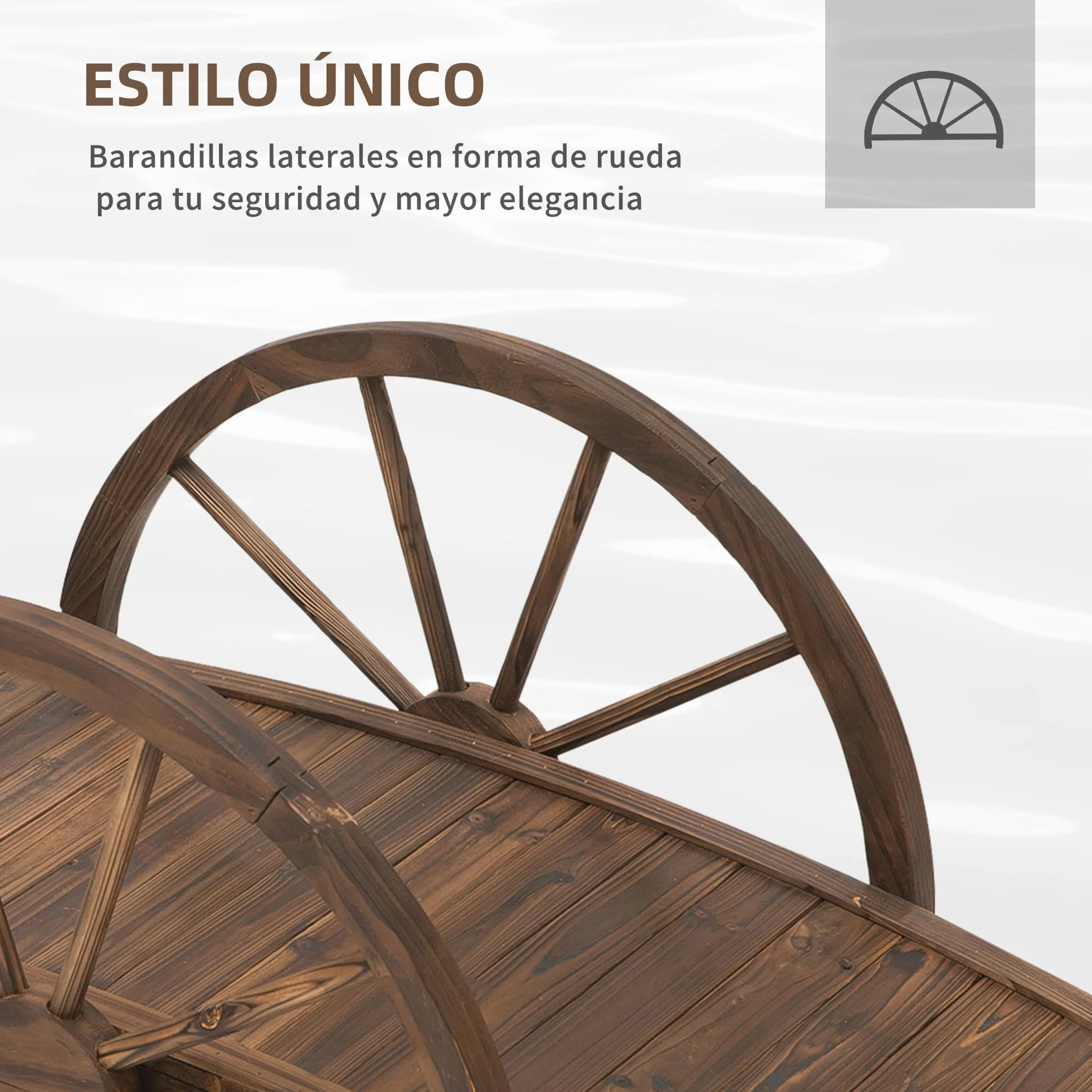 Outsunny Puente de Jardín Puente de Madera con Barandillas en Forma de Rueda Puente para Estanque Carga 150 kg Puente Decorativo para Patio 100x50x37 cm Madera Carbonizada