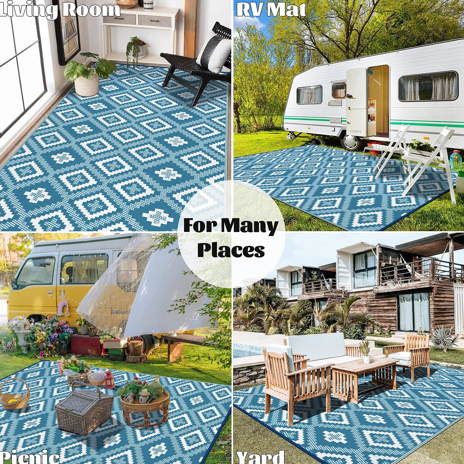 Enyhom Alfombra impermeable para exteriores, grande, reversible, de plástico, para jardín, resistente a los rayos UV, plegable, para camping, balcón, terraza, 240 x 300 cm, color verde azulado