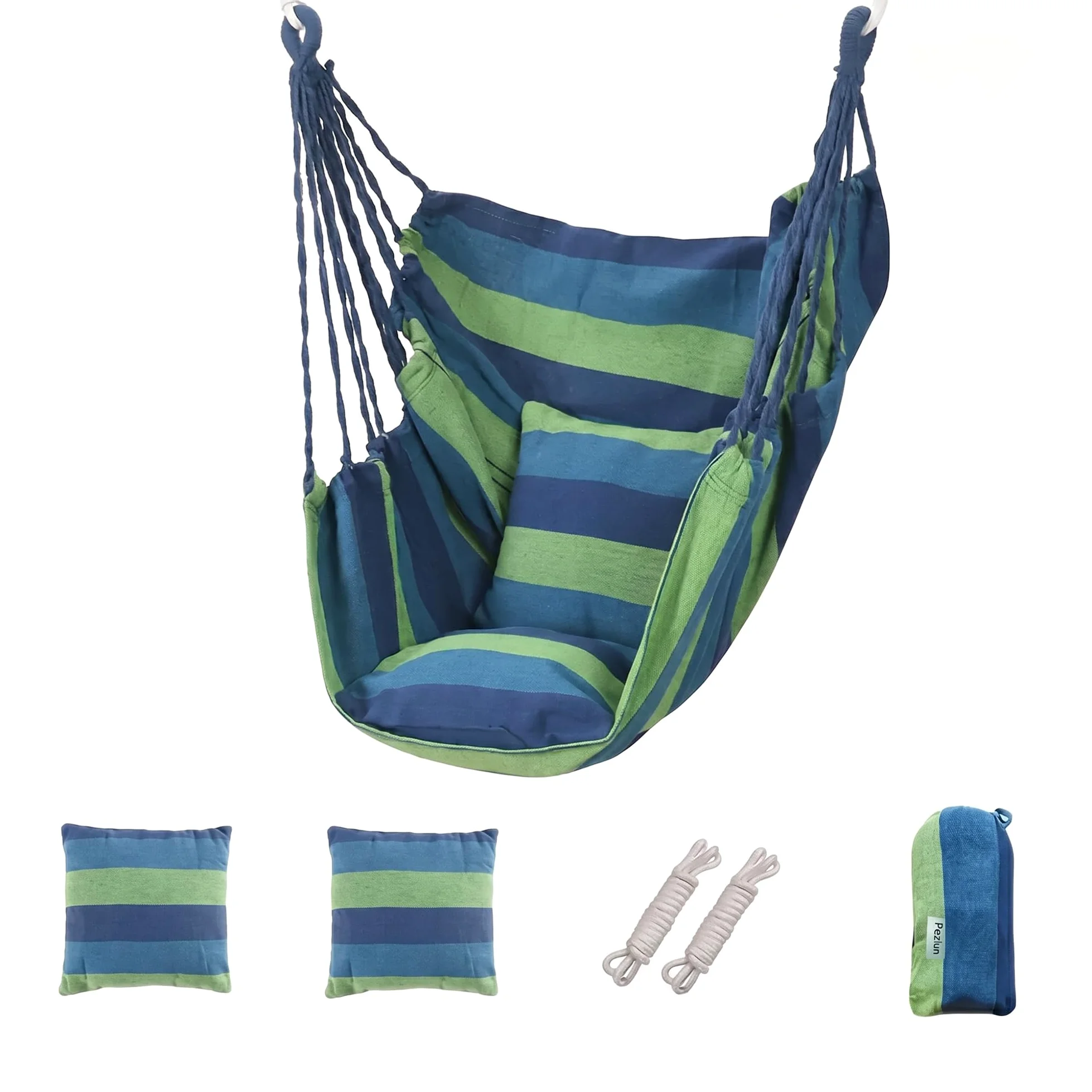 Silla hamaca colgante con 2 cojines, carga máxima de 330 libras, material de lona muy transpirable y cómodo, adecuado para muchos escenarios interiores y exteriores (azul-verde)