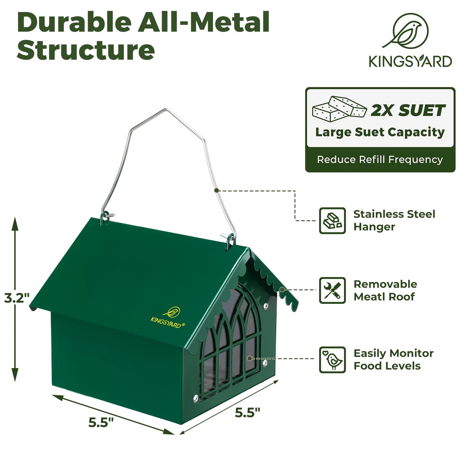 Kingsyard Comedero doble de sebo para pájaros con techo resistente a la intemperie, todo de metal, comederos de sebo boca abajo para colgar al aire libre, ideal para pájaros carpinteros, gallinero,