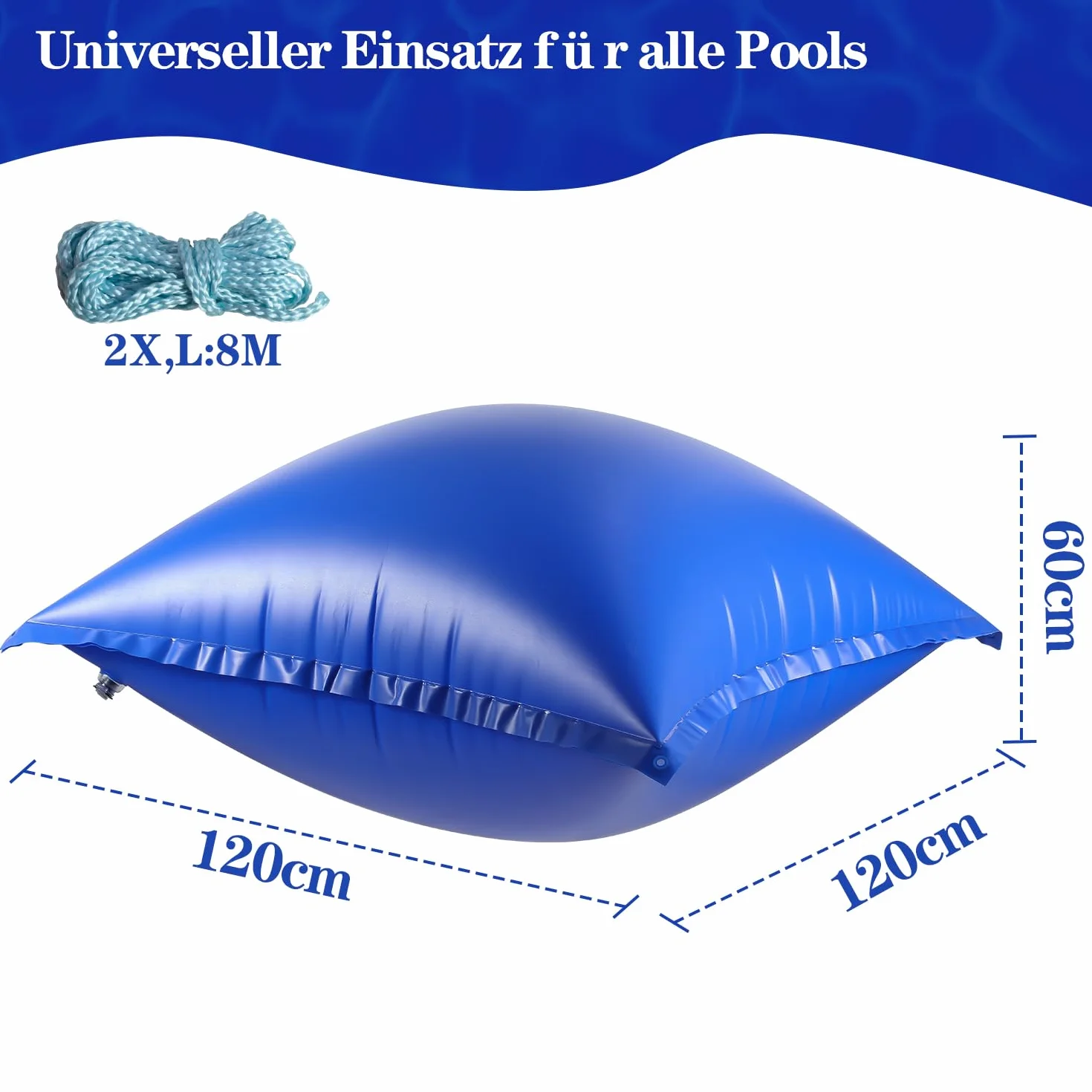 Cojín de piscina de invierno para piscina, cojín de aire de 120 x 120 cm, cojín de invierno con válvula de seguridad, con cuerda de 8 m para la mayoría de tipos, cojines de piscina, cojín