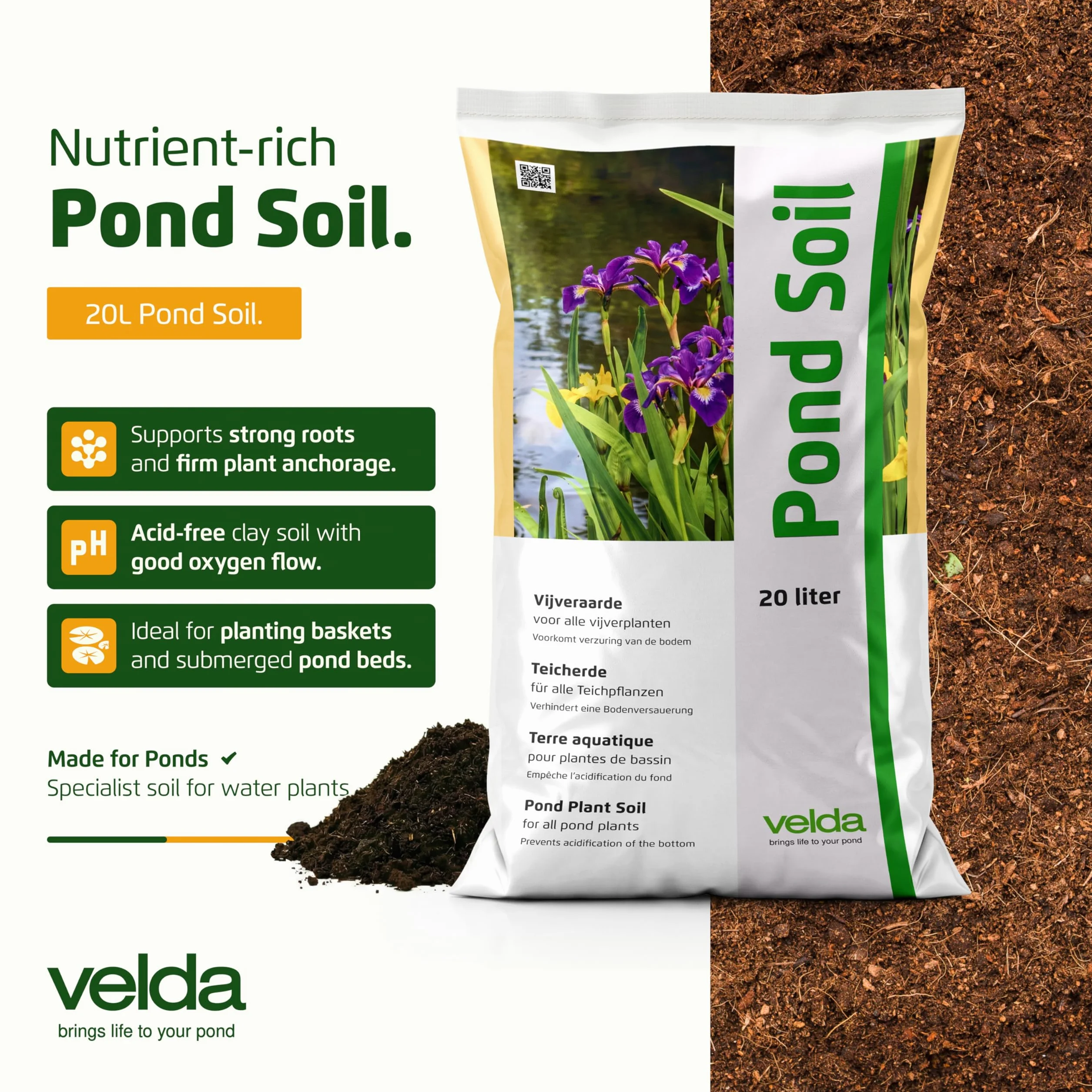 Velda Suelo de estanque de 20 litros, compost acuático para plantas de estanque al aire libre, suelo acuático con nutrientes para plantas sumergidas, marginales y flotantes, para todos los estanques