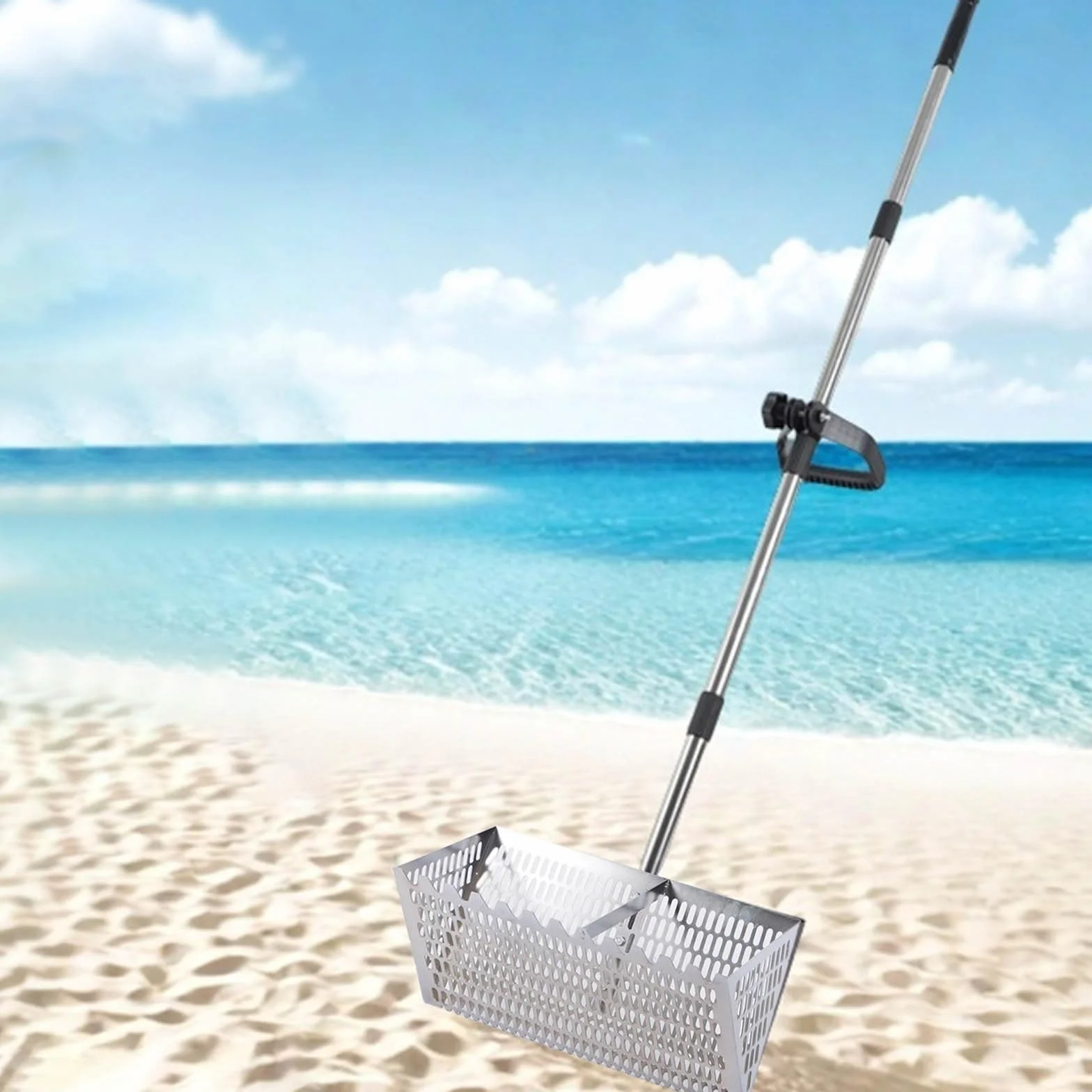 Rasca de arena, pala de arena de playa de acero al carbono con cesta trapezoidal ancha, pala de arena para detector de metales, con mango largo desmontable plegable de 40 cm, dientes afilados, tamiz