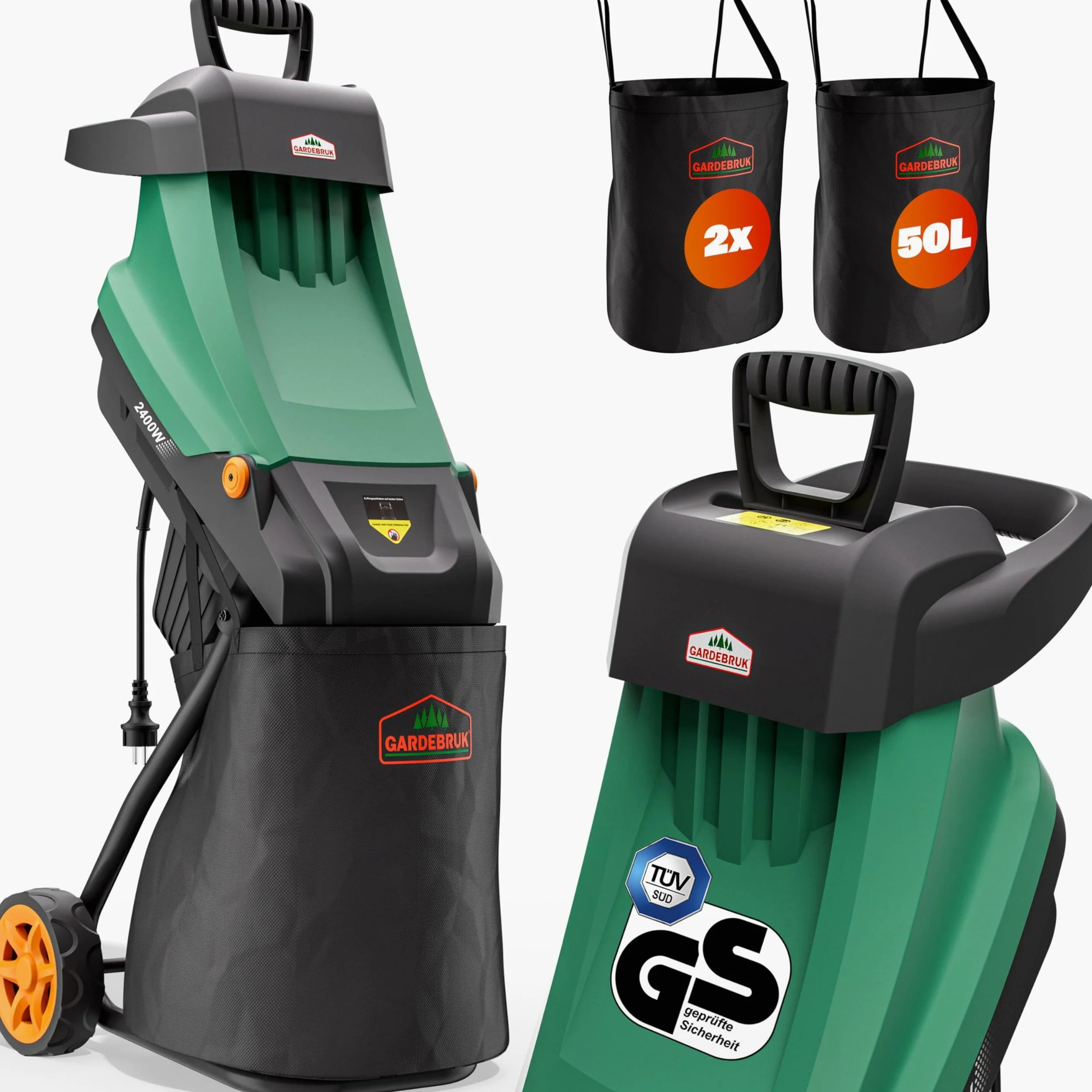GARDEBRUK® Trituradora de Ramas Ø45mm, Triturador Electrico Jardin, Corta Troncos Leña, 2400W, Bolsa de Recolección 50L, Cuchillas de Acero, Residuos