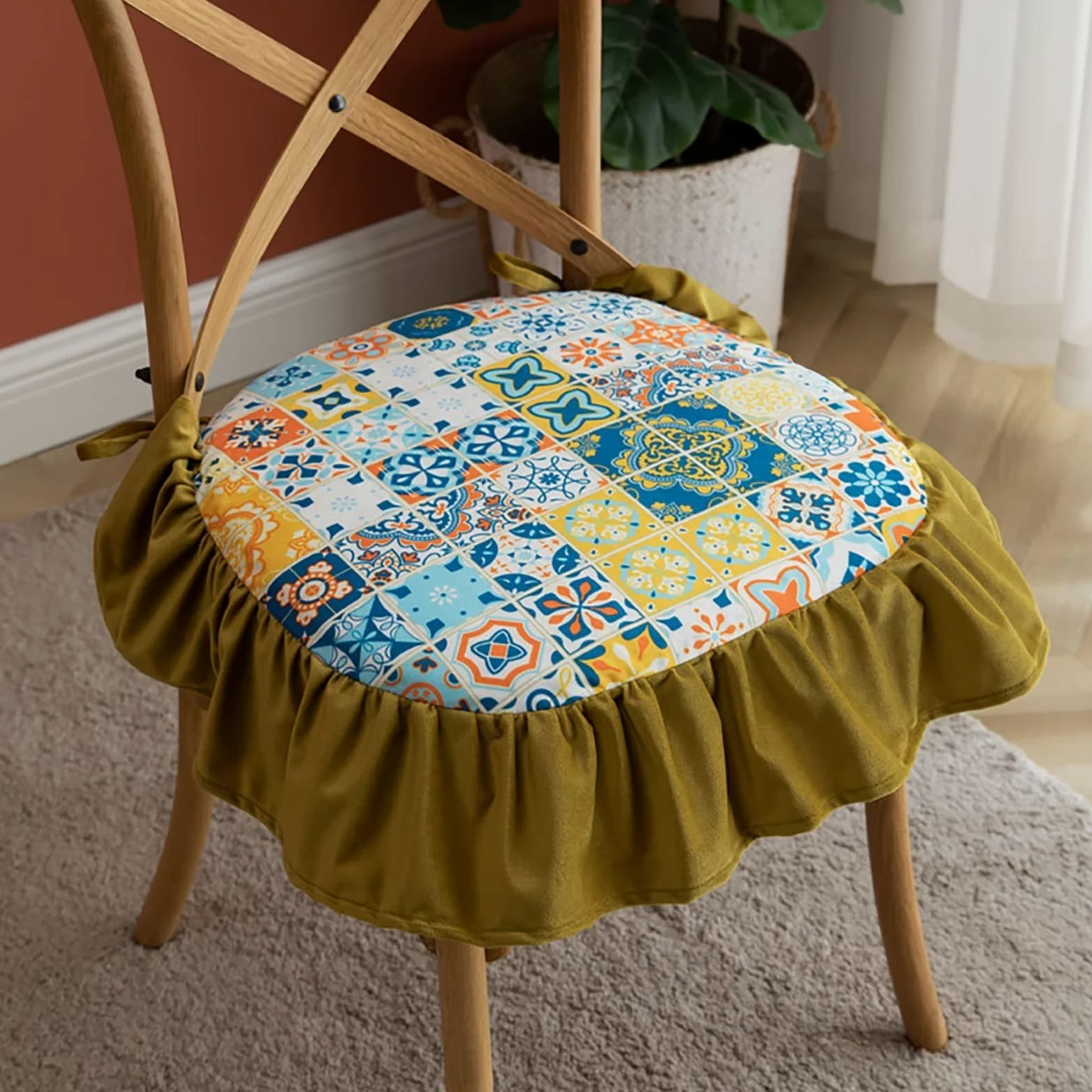 Cojines para sillas de comedor con faldón, almohadillas para sillas de comedor, paquete de 6 con lazos, cojín de asiento de 45 x 45 para sillas de cocina, funda lavable y extraíble, color amarillo