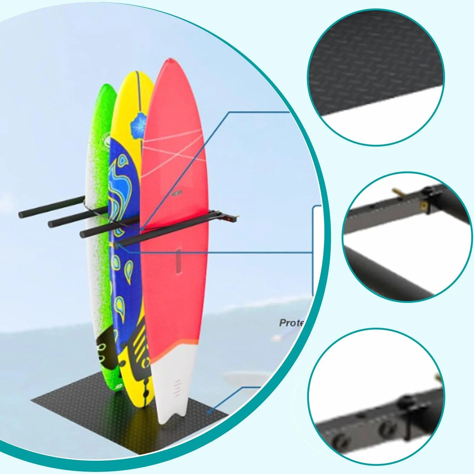 Soporte Vertical Tabla Surf Estante Exhibición Mural Acero Ajustable Correas Elásticas Longboards Shortboards Skateboards Organizador Pared