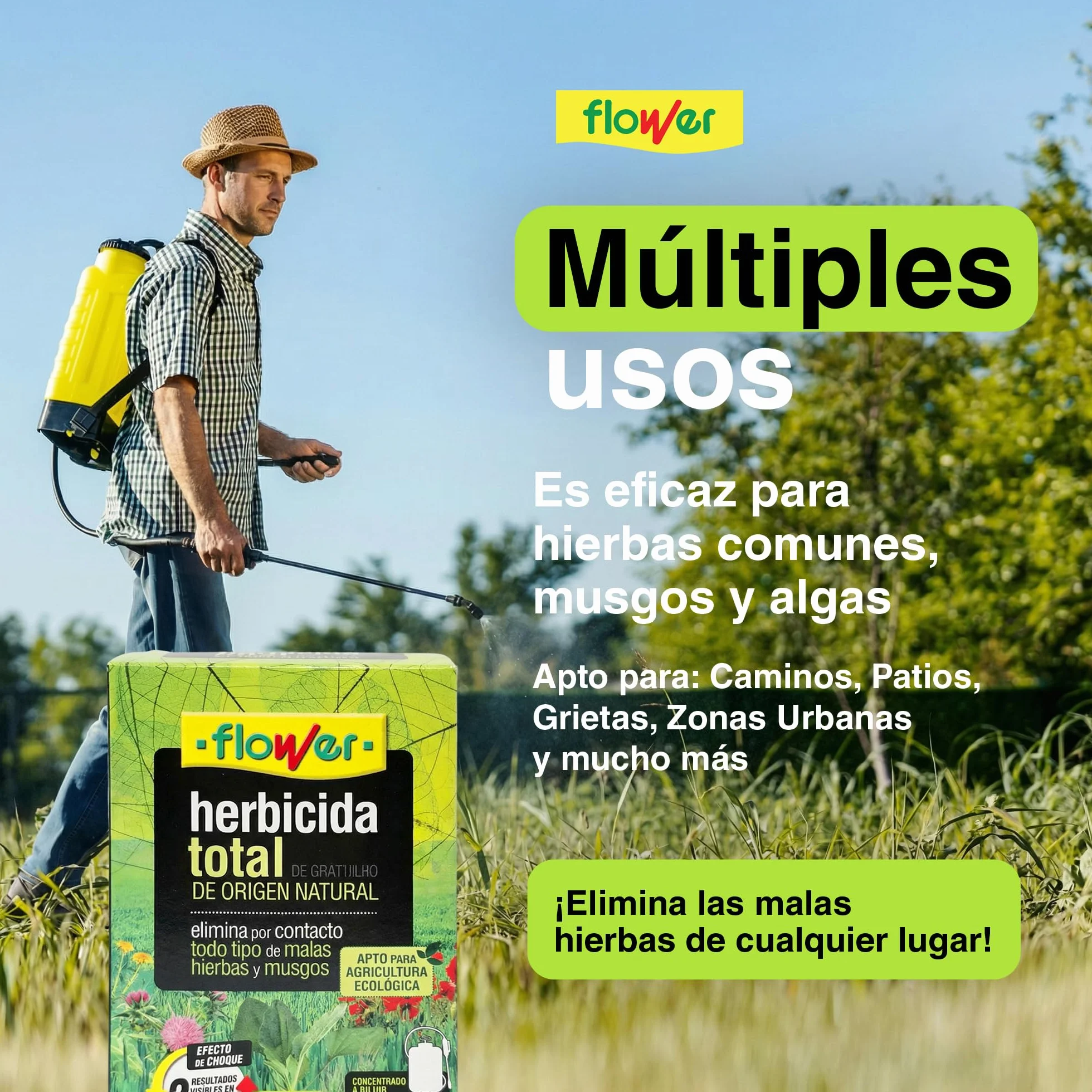 FLOWER x3 Herbicida Total Ecológico Origen Natural 450 m² | Elimina Malas Hierbas y Musgos | Alternativa Glifosato | Resultados 2 Horas | 750ml + Dosificador Diluir 15L Agua | Súper Concentrado