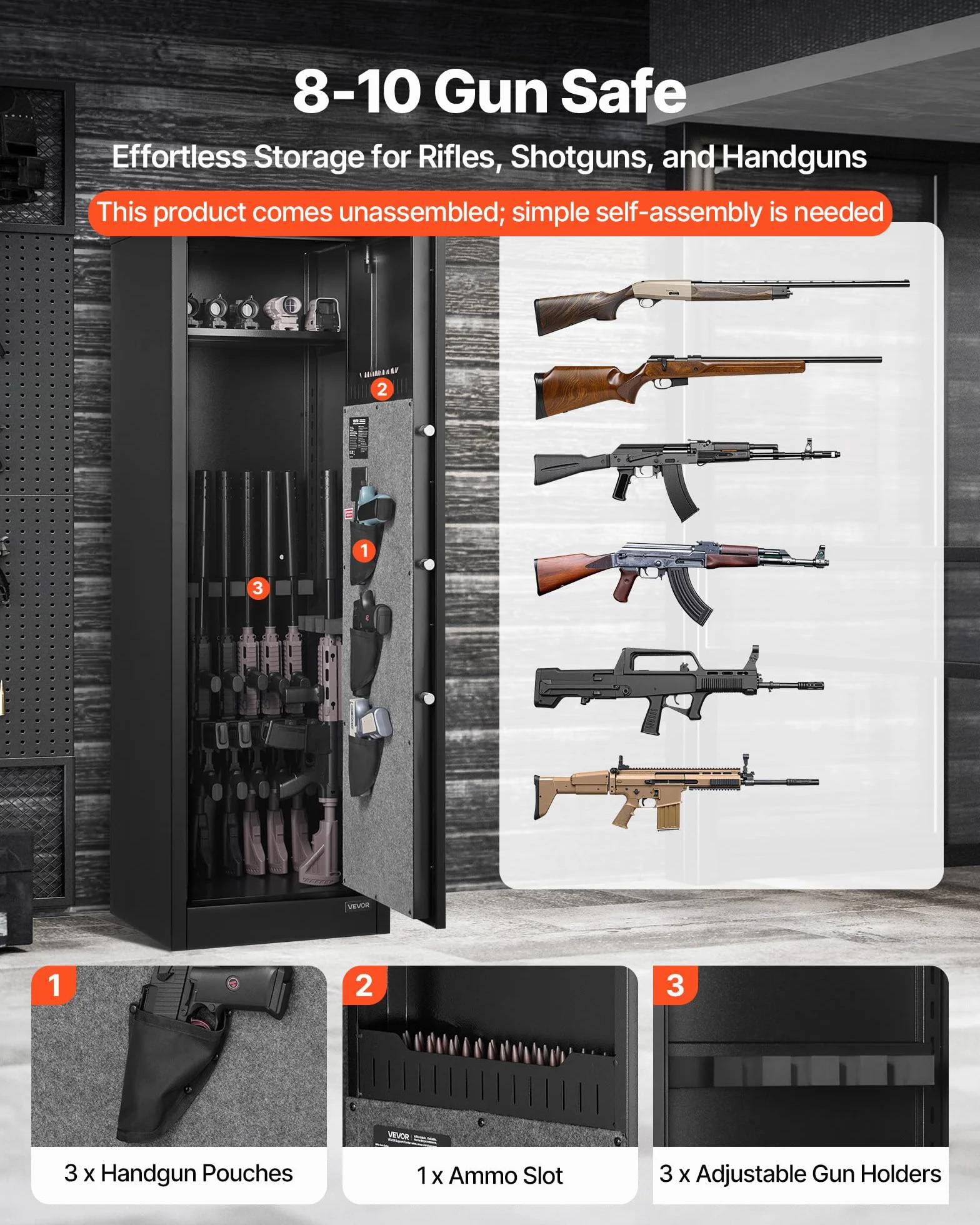 VEVOR Armario para Armas Largas Cerradura Huellas Dactilares Caja Fuerte 8-10 Rifles 40 x 45 x 140 cm Negro