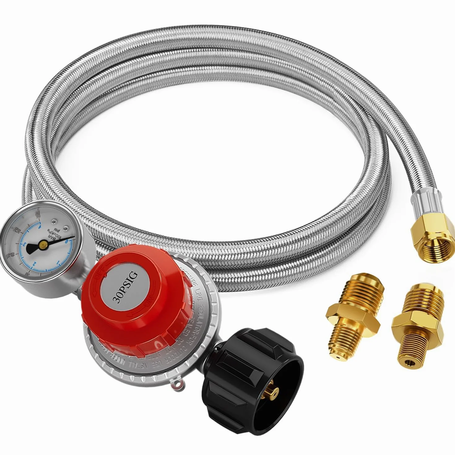 CALPOSE Manguera reguladora de propano de alta presión de 5 pies con calibre, regulador de tanque de propano ajustable de 0 ~ 30 PSI, acero inoxidable, apto para freidora de pavo, freidora de pescado,