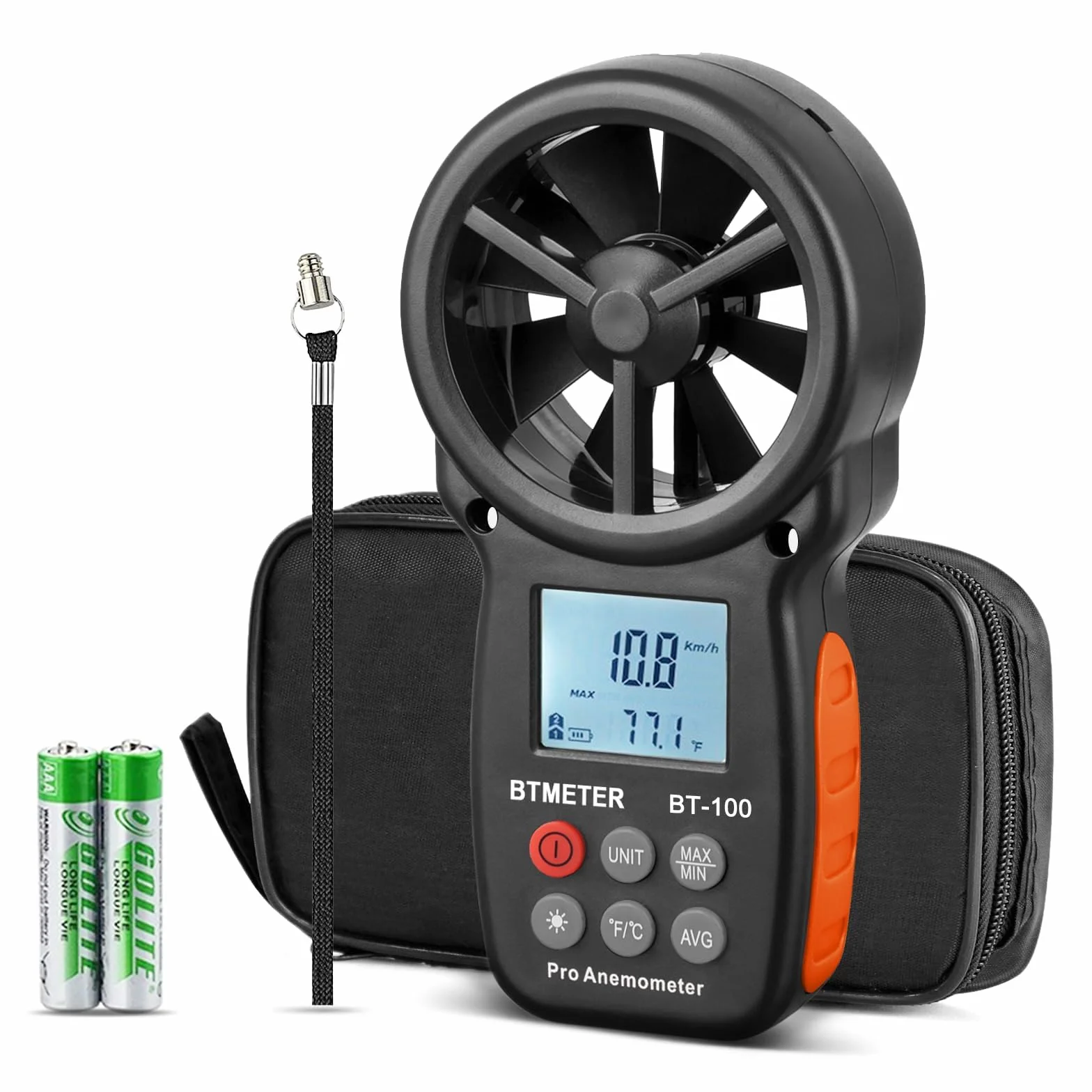 BTMETER BT-100 Anemómetro Portatil, Digital Anemómetro de Mano del viento de Pantalla LCD Medidor de Velocidad Viento Aire con Luz de Fondo MAX/MIN para Vela