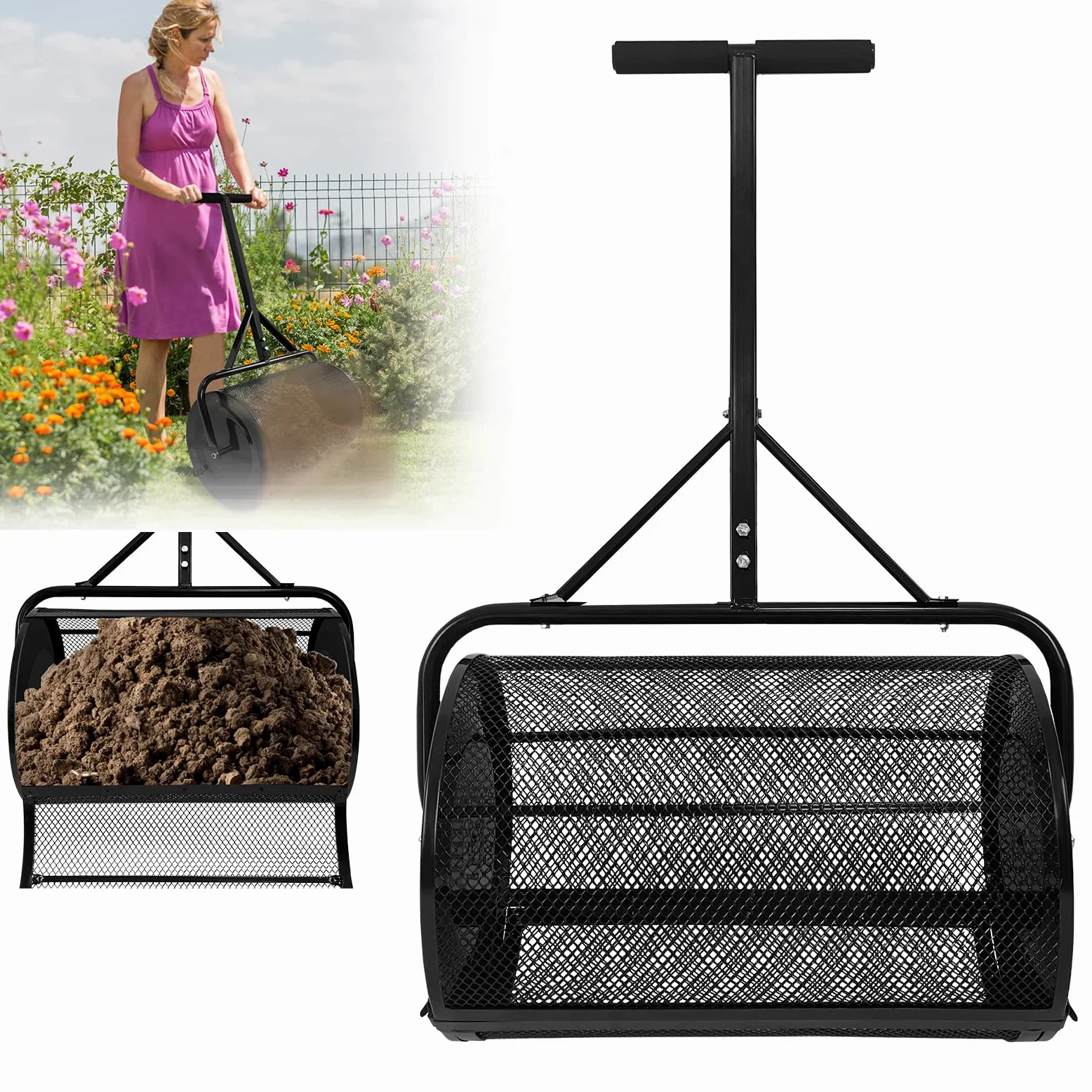 Esparcidor de abono de 80 litros con mango en U, ideal para fertilizantes de césped y jardín, compost, semillas y aplicación de césped, herramienta de jardín eficiente para una fácil propagación