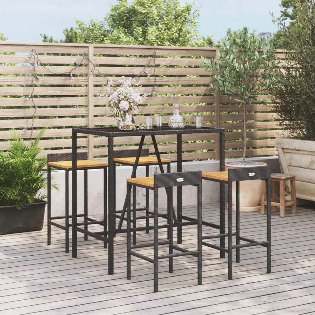 vidaXL Mesa Bar y taburetes jardín 5 pzas Madera Acacia ratán PE Negro