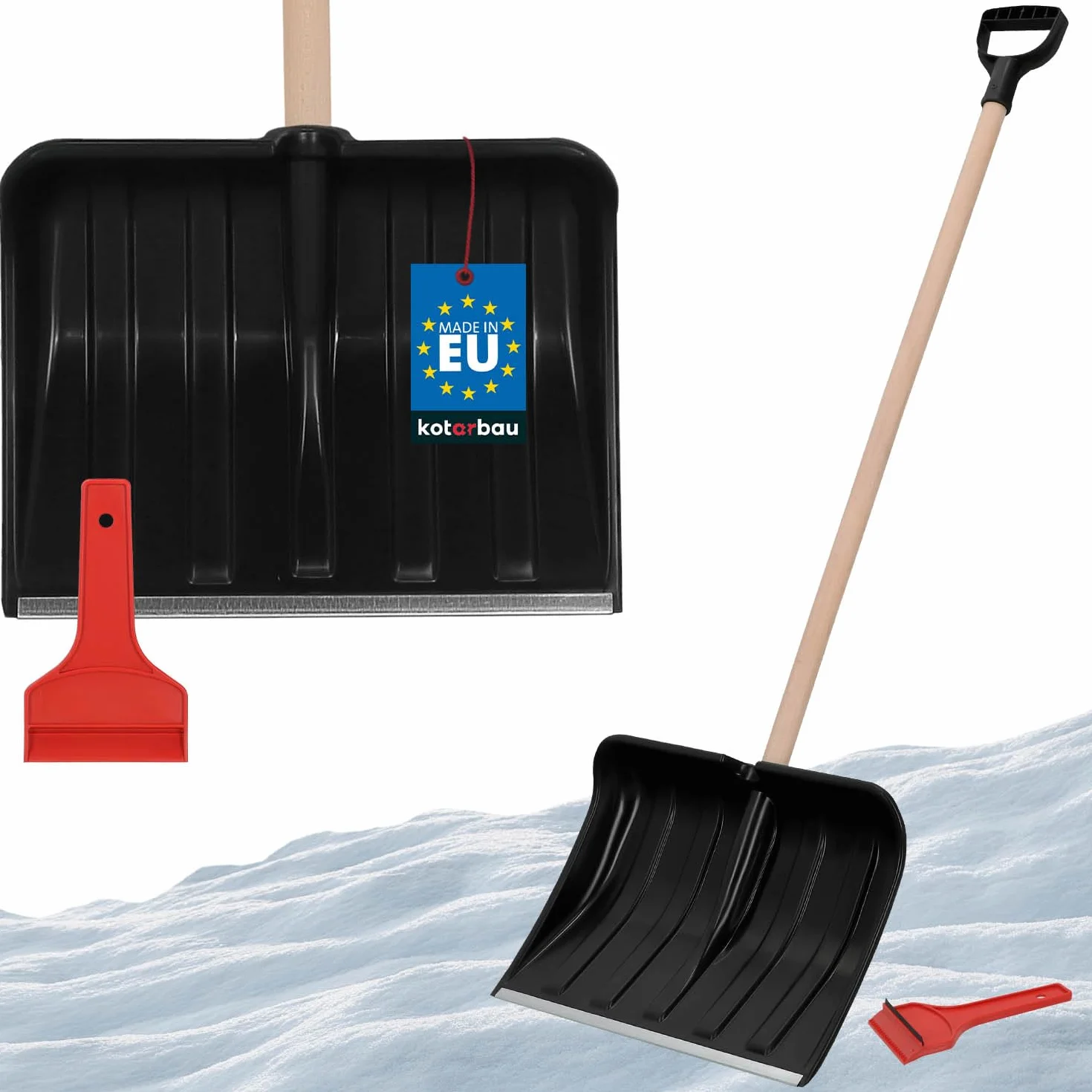 KOTARBAU® Juego de pala de nieve para coche de 40 cm con mango de madera de 131 cm + raspador de hielo para coche, para quitar la nieve, rascador de parabrisas de coche, con borde de goma