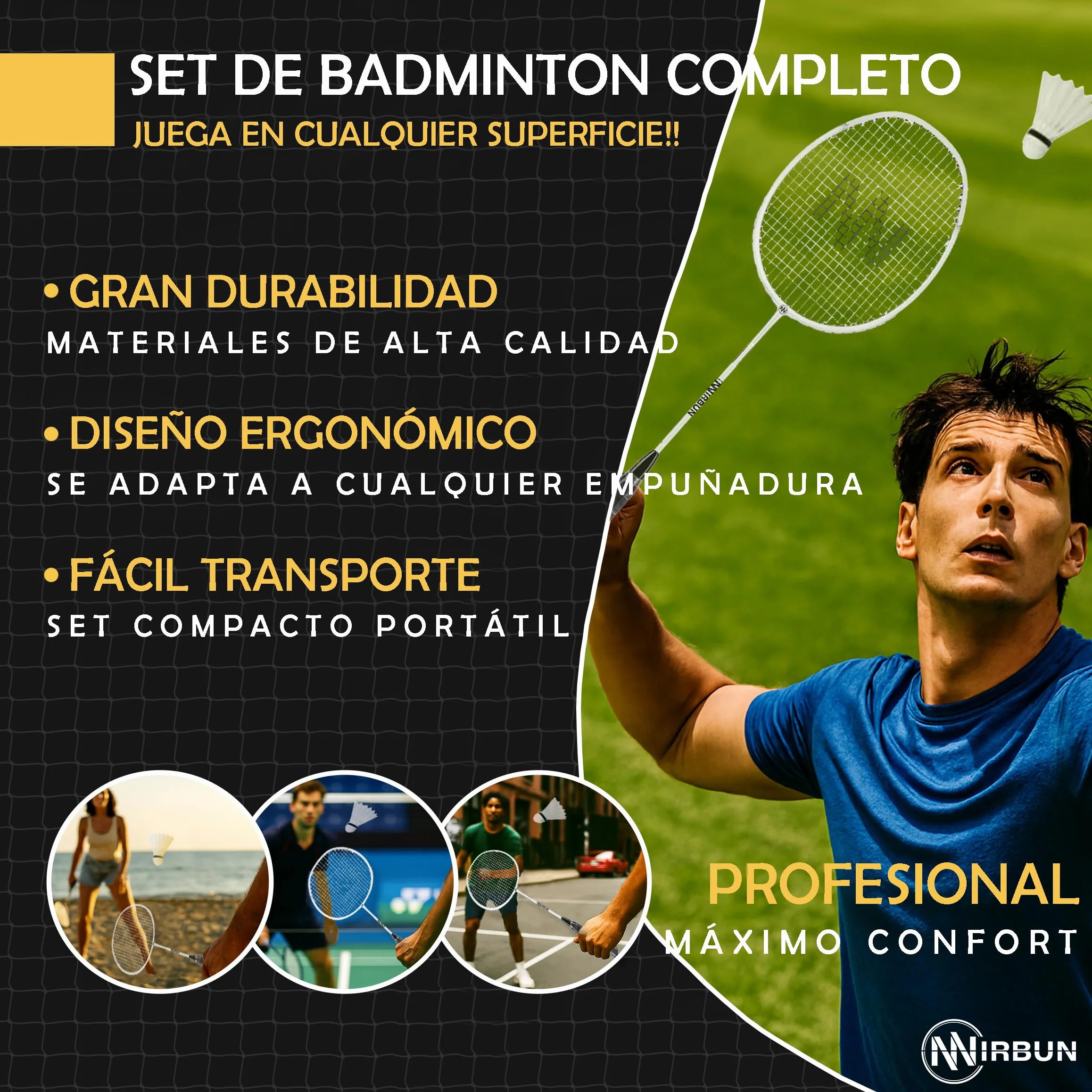Set de Bádminton 4 Jugadores con Red 5,1 m Raquetas Profesionales Estructura Metálica Juego Familiar