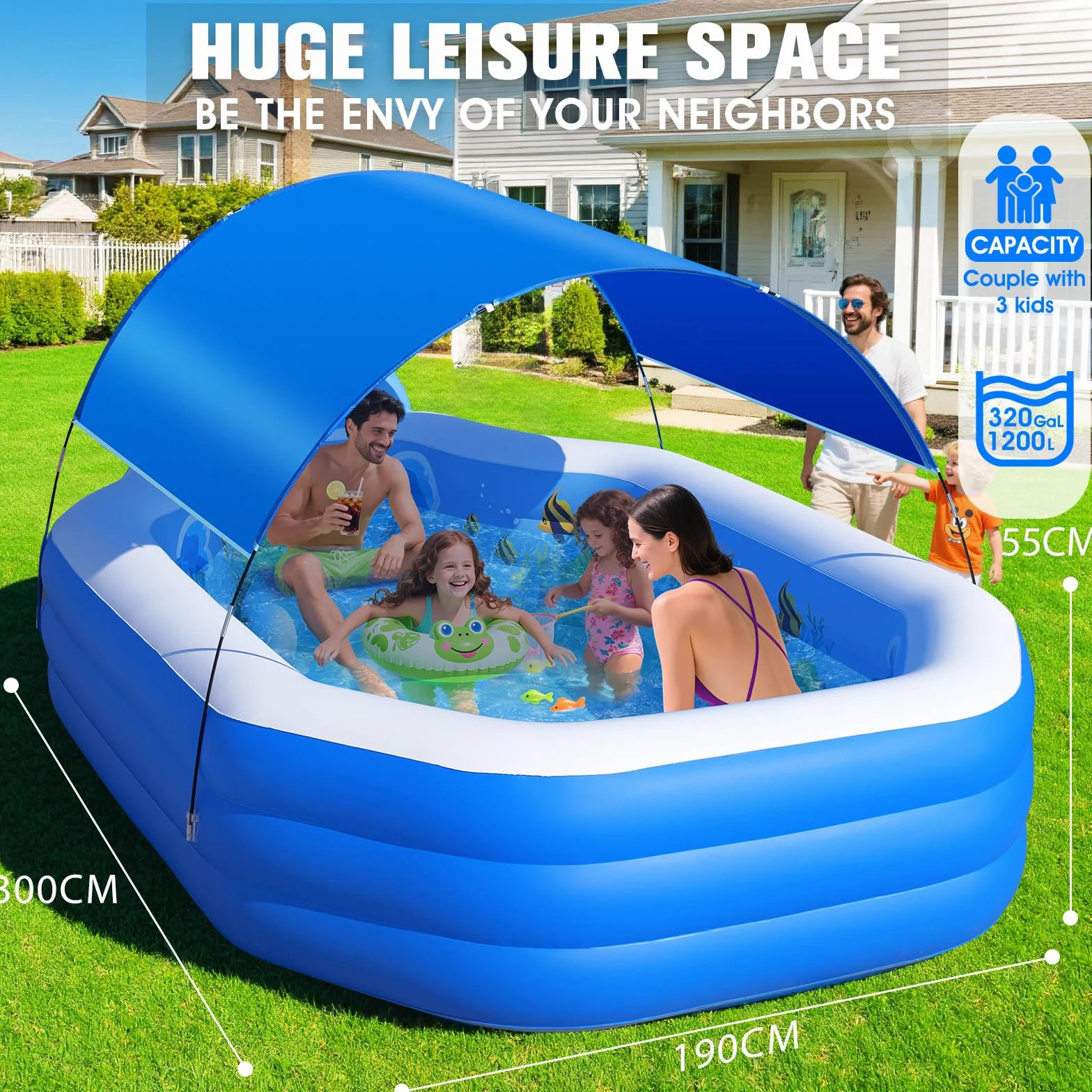 ChlorBlu Piscina Hinchable Grande con Toldo, 300x190x55cm Piscina Hinchable Adultos, Piscinas Hinchable Rectangular Resistentes y Gruesas, Piscinas Hinchable Familiar para Jardín Exterior