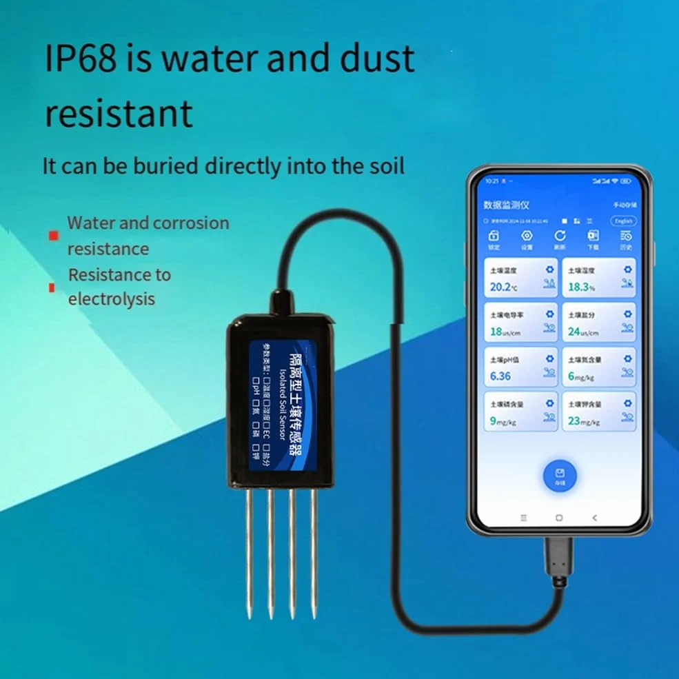 Sensor de Suelo Aislado 8 en 1: Temperatura, Humedad, Nitrógeno, Fósforo, Potasio, PH y Sal. Detector RS485.