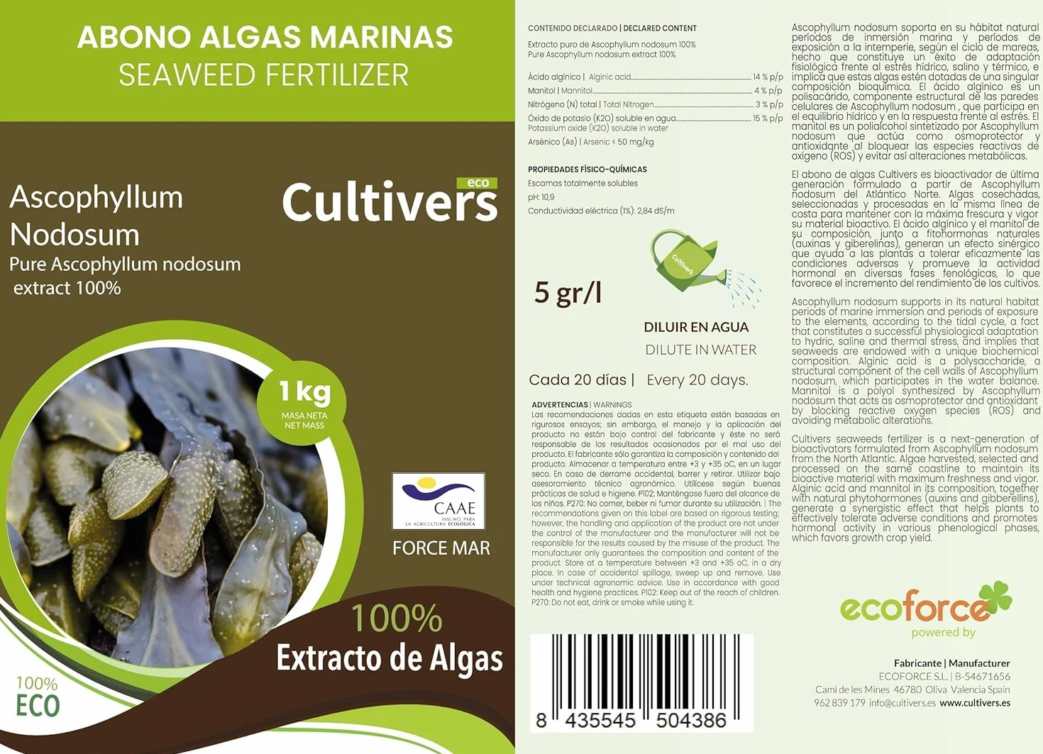 CULTIVERS Abono de Algas Marinas puro 2x1 Kg. Fertilizante Orgánico Ecológico Polvo Soluble. Extracto de Algas 100%. Fertilizante Bioactivador a Base de extractos de Ascophyllum nodosum.