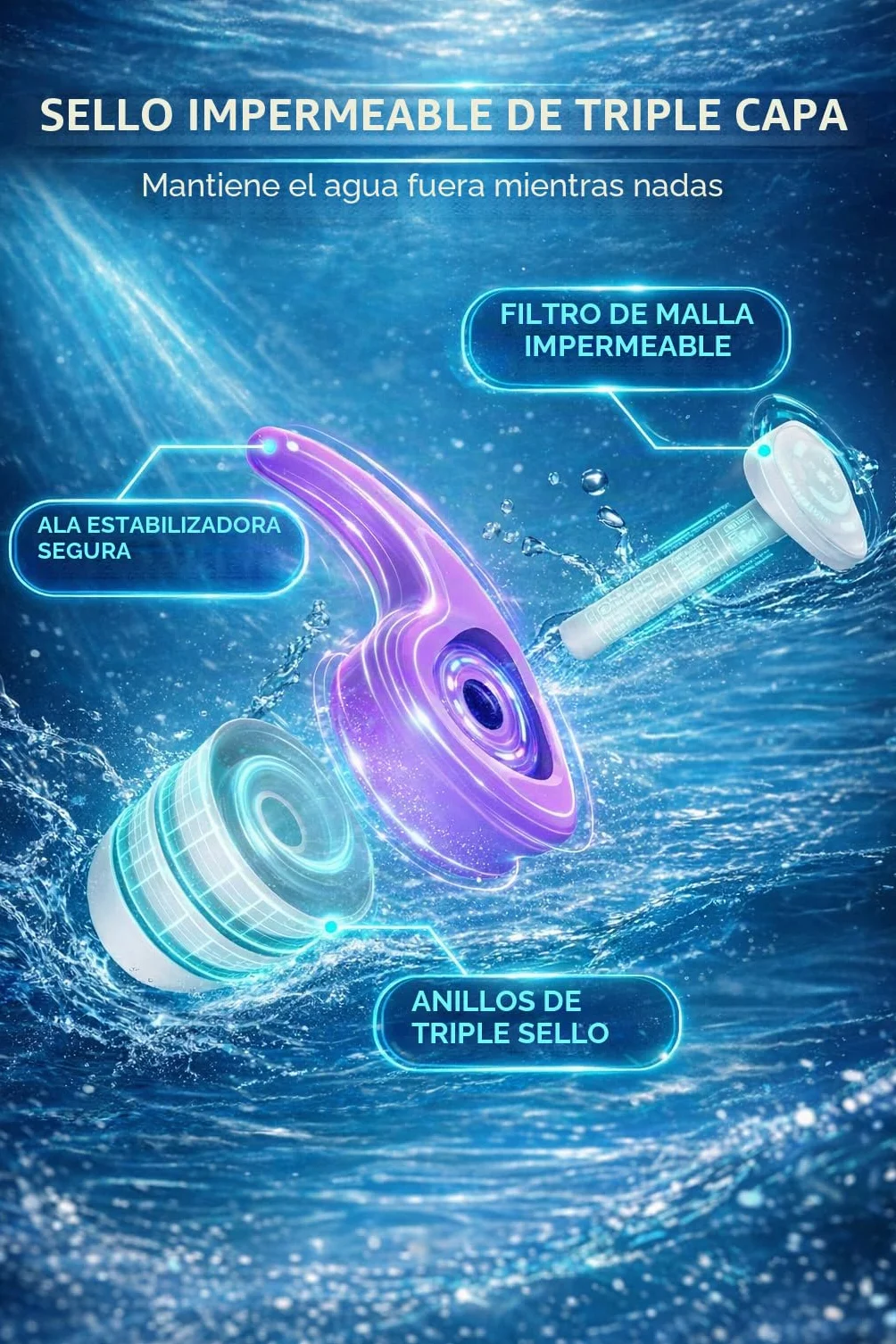 Tapones Oídos Natación para Niños 3 Pares Silicona Reutilizables Protección Ducharse Nadar Bañarse 3-10 Años