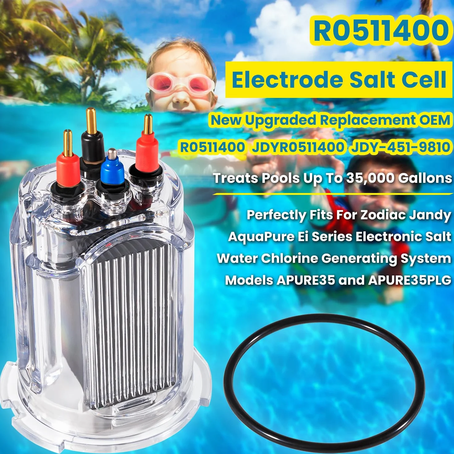 R0511400 - 35 electrodos de repuesto para Zodiac Jandy AquaPure Ei Series 35 Generador electrónico de cloro de agua salada APURE35 APURE35PLG piscinas de hasta 35,000 galones con junta tórica R0511600