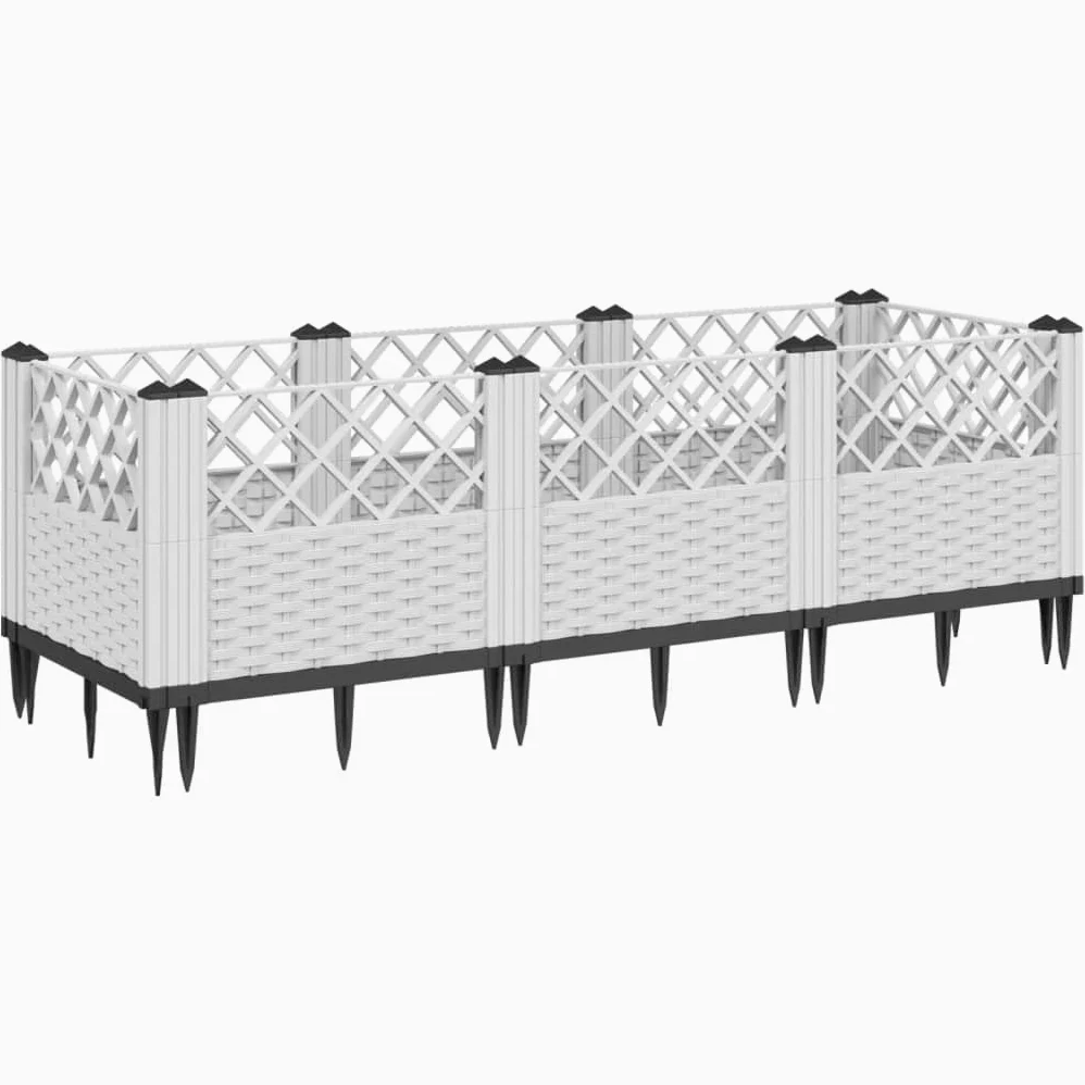 Jardinera con estacas, color blanco, 123,5 x 43,5 x 43,5 cm, bancal modular en aspecto de ratán, de plástico resistente, para jardín, terraza y balcón, 8 elementos