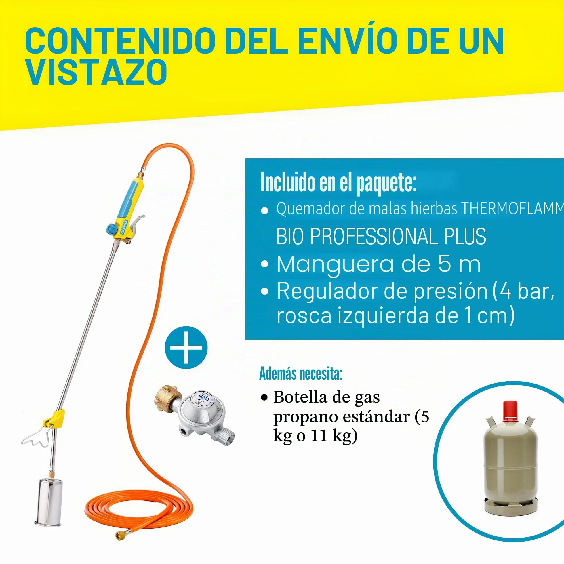 Gloria Bio Professional Plus - Juego de Quemador de Malas Hierbas a Gas, Potente y Duradero, para Grandes Superficies, conexión a Cartucho de Gas a presión, para la maleza del jardín y de los Caminos