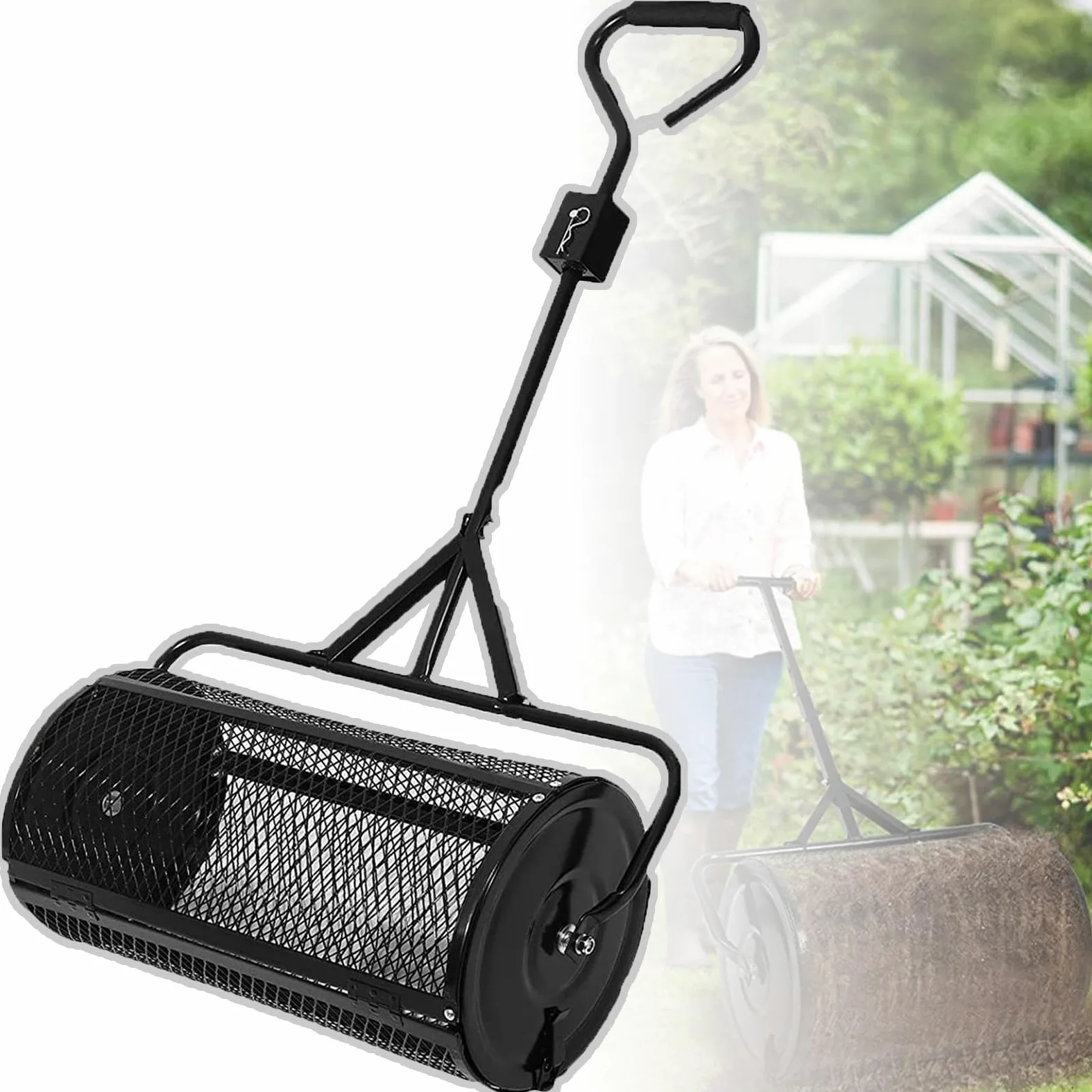 Esparcidor de abono (32 x 60 cm) – Cesta de malla de metal resistente, esparcidor de estiércol de turba y musgo, para plantar semillas, césped, cuidado del jardín, color negro