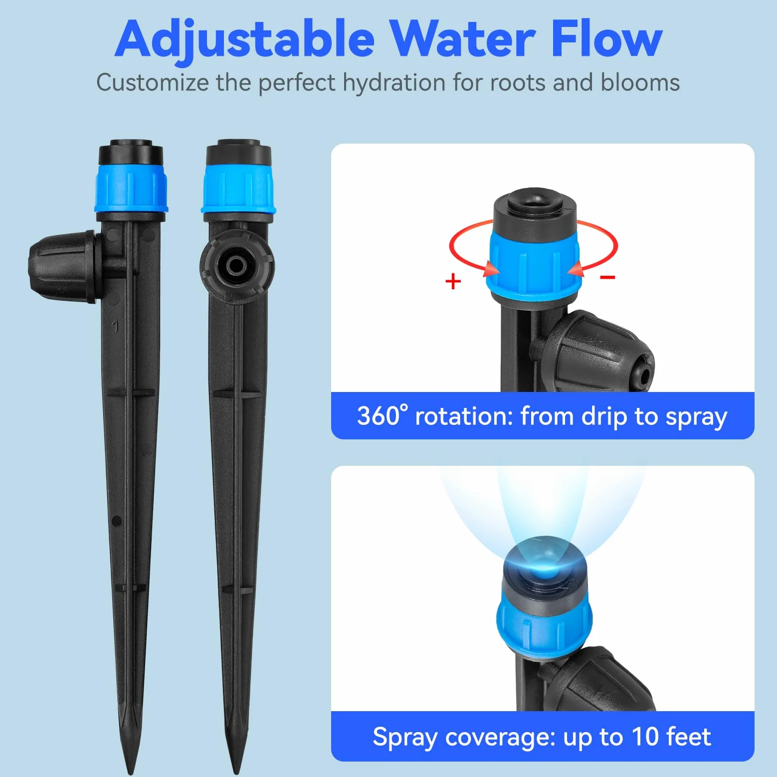 Goteros de riego por goteo ajustables Vortex: 20 unidades de emisores de riego con forma de abanico con estaca de flujo de agua con bloqueo de púas para tubos de 1/4 pulgadas para riego de jardín