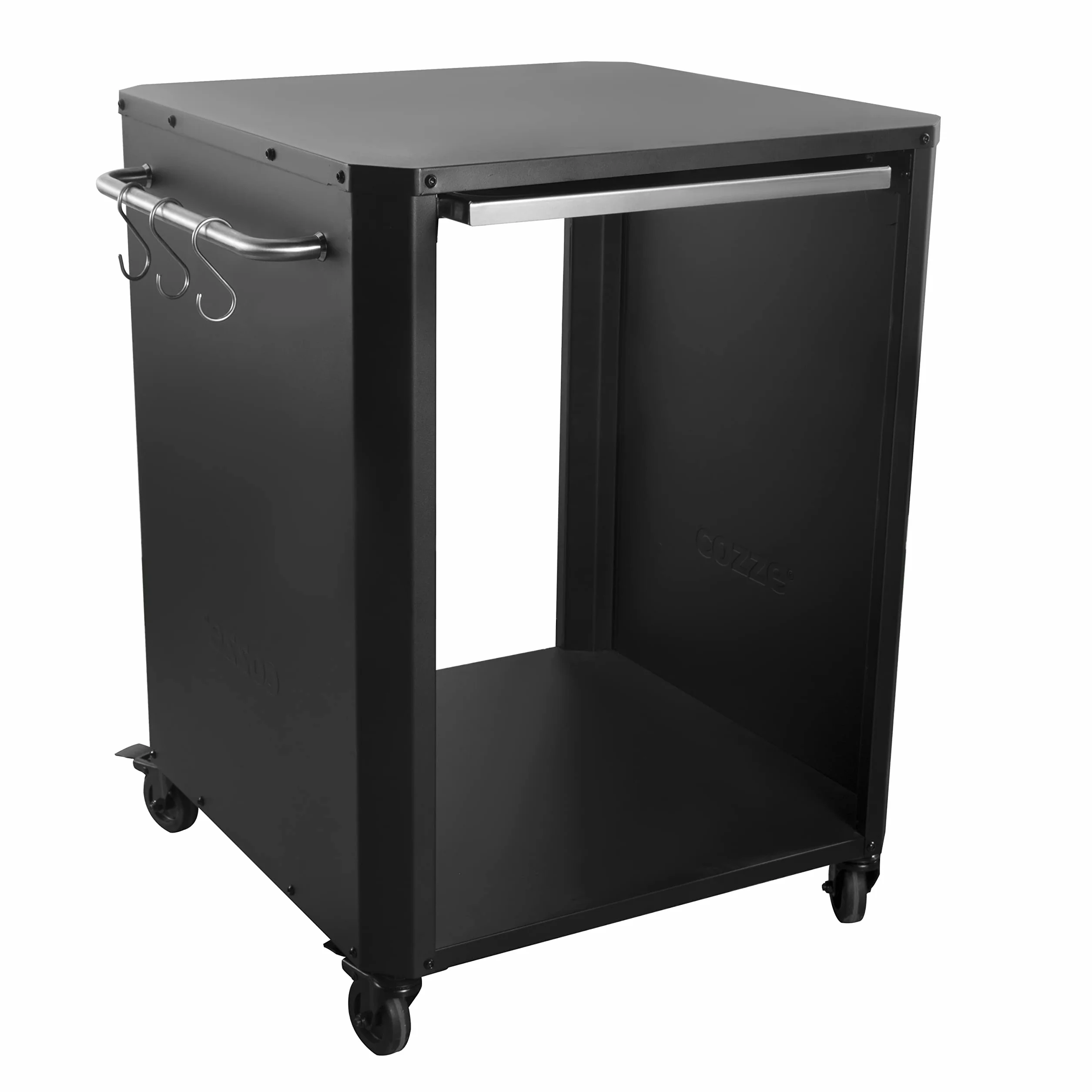 Cozze® | Mesa Exterior con Tabla de Corte Extensible | para hornos hasta 60 cm | Asas Laterales con 6 Ganchos de Acero Inoxidable | Ruedas de Goma Ø75 mm | Espacio para bombona | Acero Lacado Negro