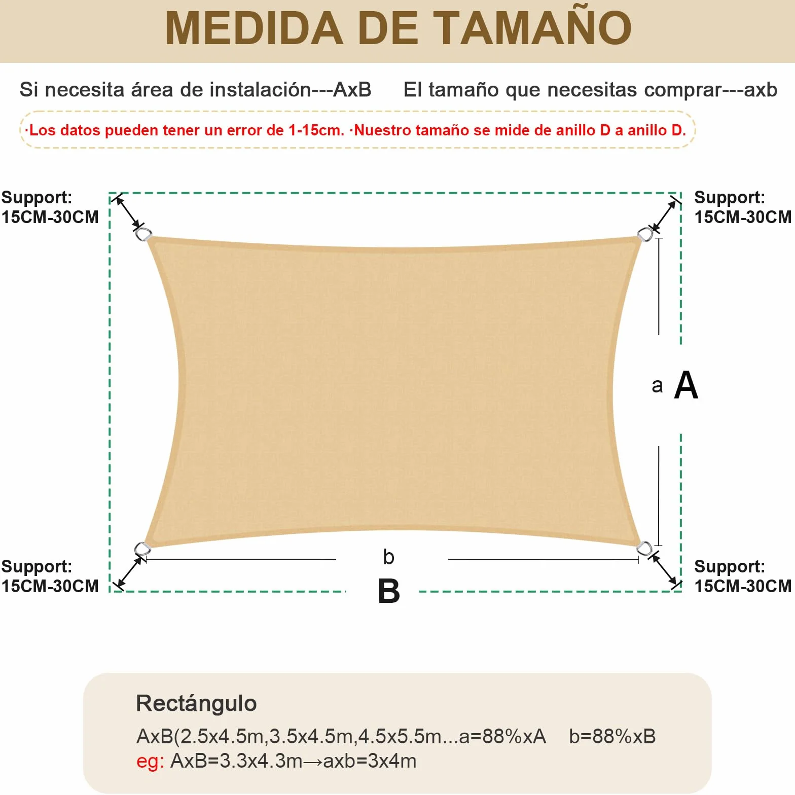 HENG FENG Toldo Vela de Sombra Rectangular 3x4m, PES 160 g/m² Impermeable, 95% Bloqueo UV, para Exterior en Terraza, Jardín, Patio - Incluye Cuerda de Fijación - Color Arena