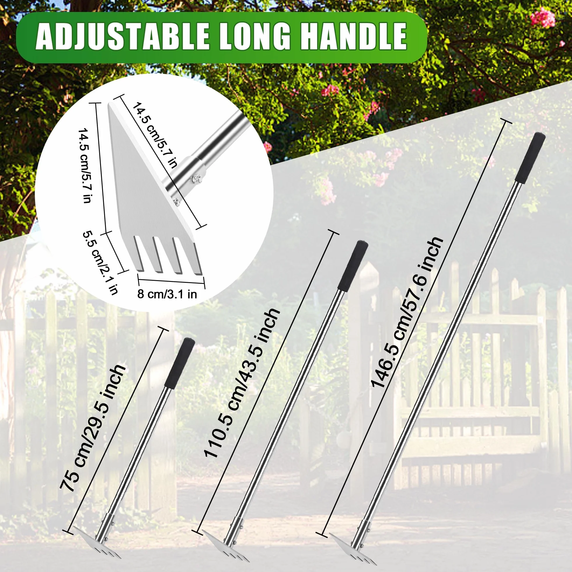 Binette de jardín 2 en 1 doble cabeza,triángulo y sierra, mango telescópico ajustable (75, 110,5, 146,5 cm), herramienta de jardinería robusta para desyerbar, azada de acero inoxidable