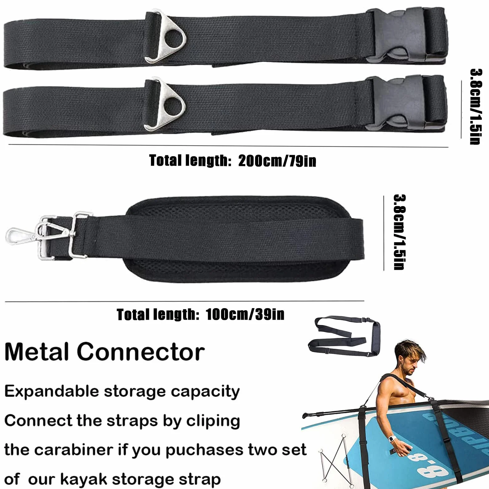 Correa de Tabla de Surf, Correa Transporte Paddle Surf, Longitud Ajustable, Multiusos