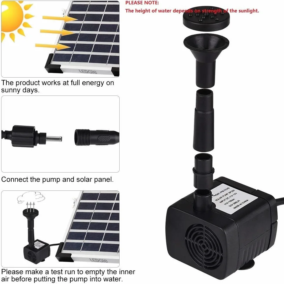 Bomba Agua Panel Energía Solar 5W Solar Bombas para Fuentes, Bomba de Agua Solar Monocristalino Bomba Agua con 8 boquillas Para estanques pequeños, piscinas, acuarios, baños de aves, jardines, 380L/H