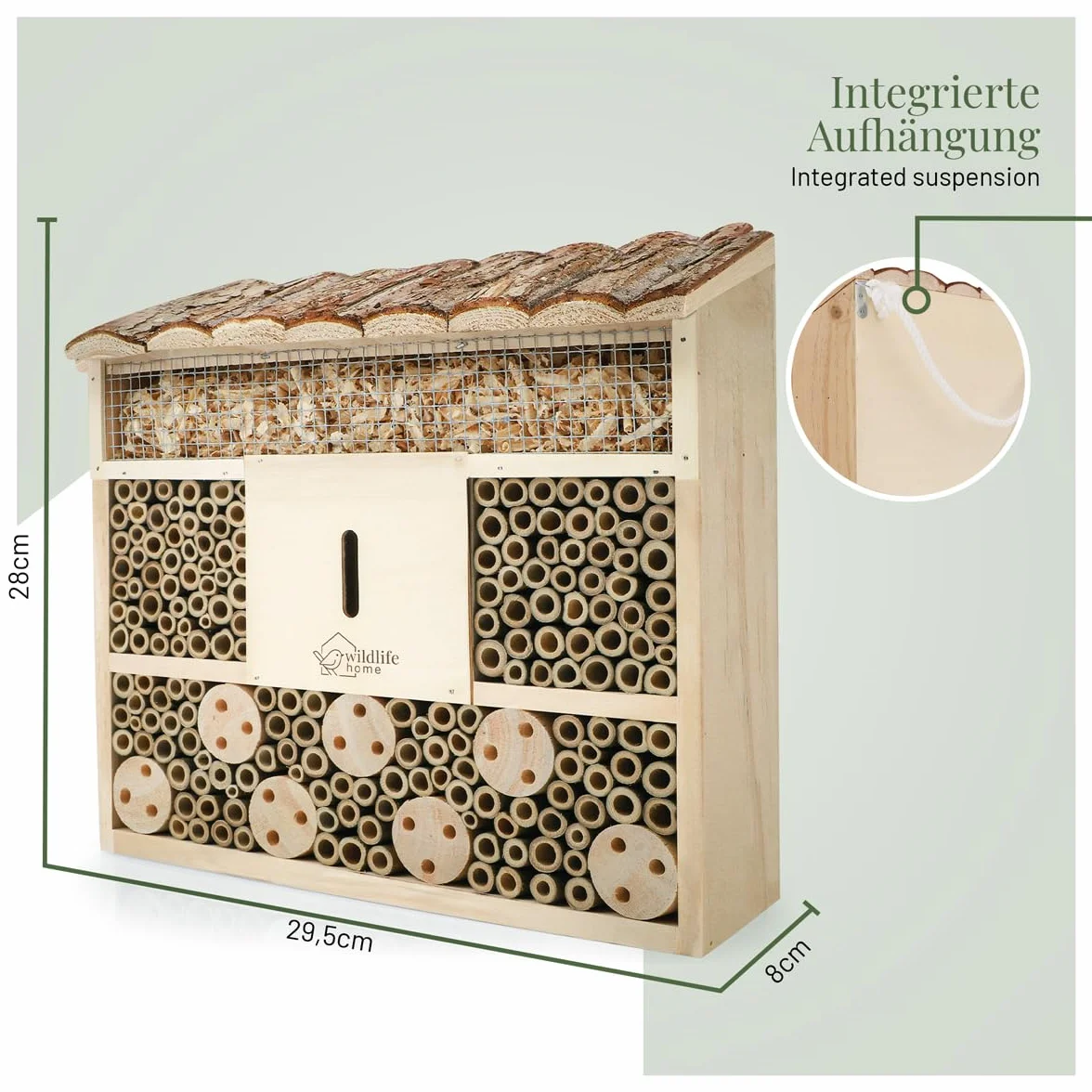 WILDLIFE HOME Hotel para insectos con techo de corteza I Sin tratar, casa de abejas de madera maciza para abejas, mariquitas y crisopas, casa de insectos I Nido para colgar hotel para insectos