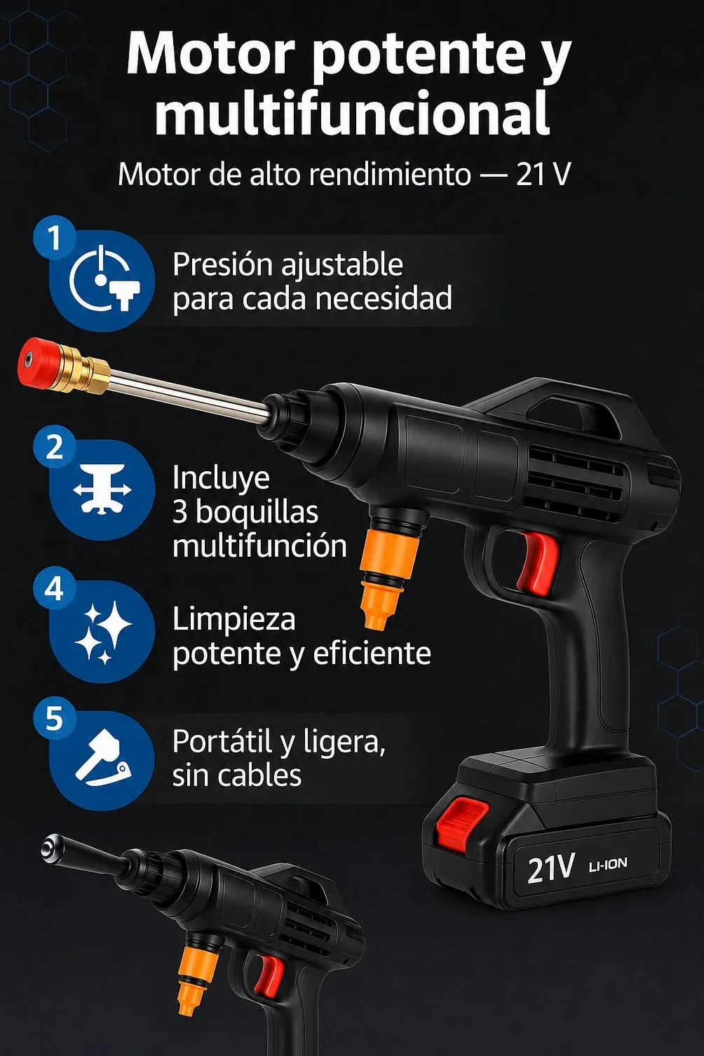 Pistola hidrolimpiadora de 300W para múltiples usos Limpiador inalámbrico de Alta presión con Accesorios Lavadora Alta presión portátil Incluye 2 baterías