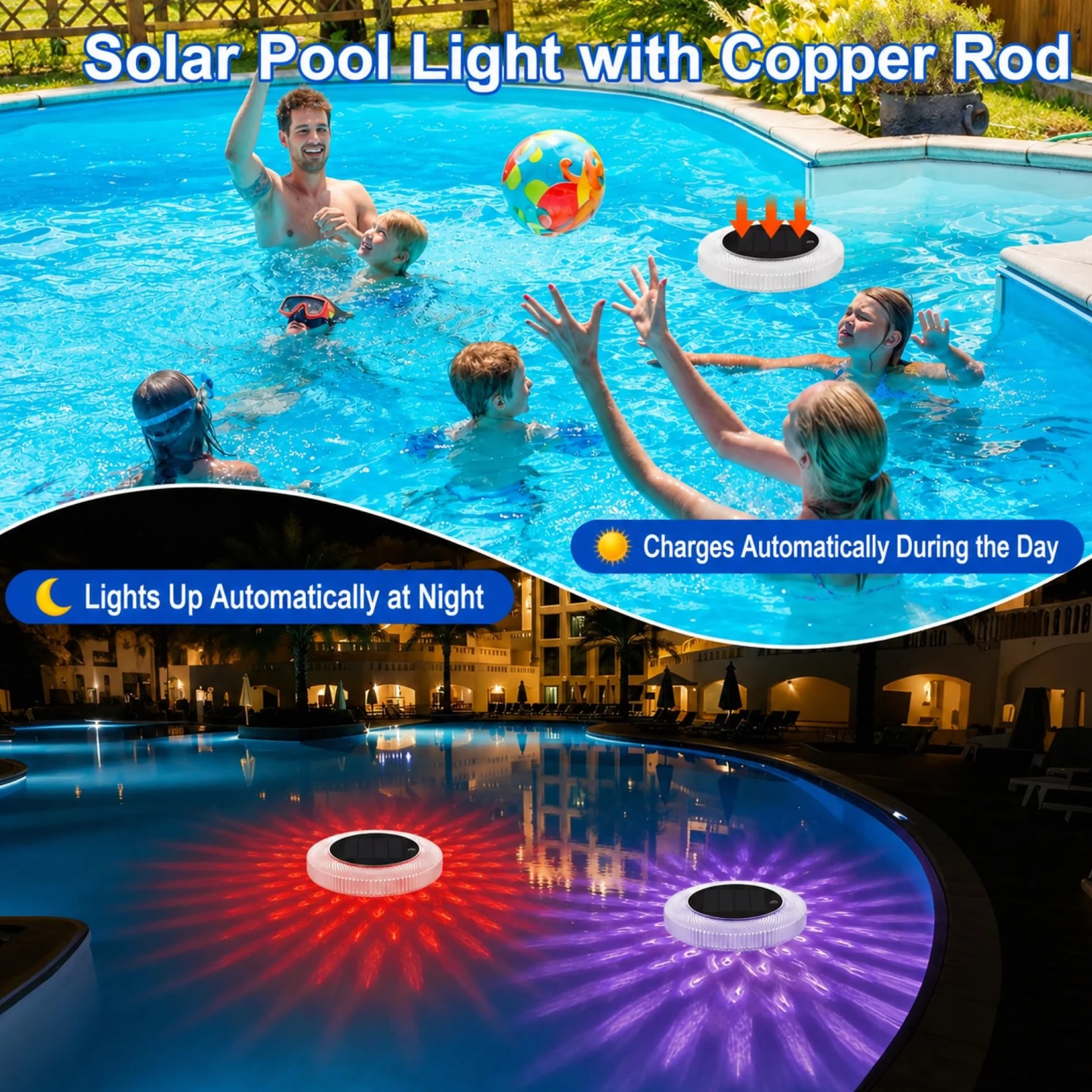 sylvwin Ionizador de piscina solar con ánodos de cobre, purificador de agua flotante con ánodo de cobre para piscinas, iluminación solar de piscina, luces solares RGB, purificador de agua para
