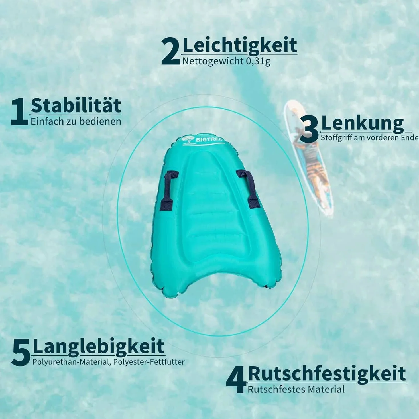 BIGTREE Tabla de surf inflable portátil ligera con asas para nadar