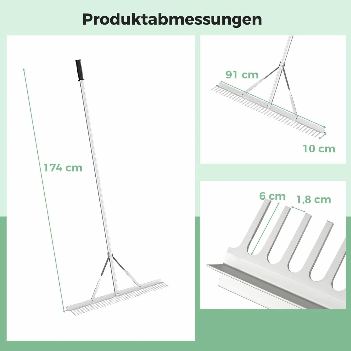 FANTASK Rastrillo de Jardín con Mango Largo, Aluminio, 91 cm, 36 Dientes